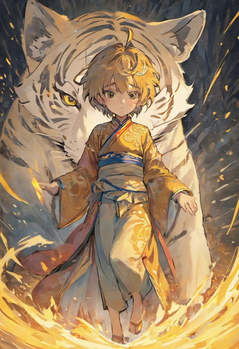 2.an ancient Chinese young boy, solo, wearing
chinese costumes, next to White Tiger, a chinese
ink painting, art by Qiu Ying, Zhang Daqian,
yellow and white color, bright.