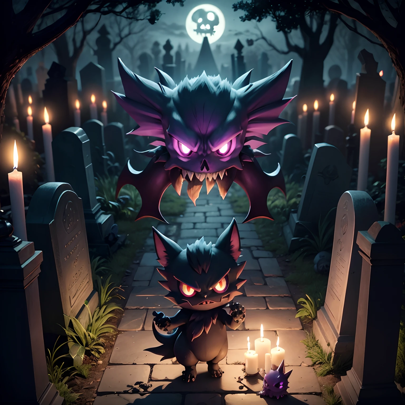 Very detailed Haunter pokemon holding a skull and a candle, in a graveyard surrounded by Ghastly pokemon