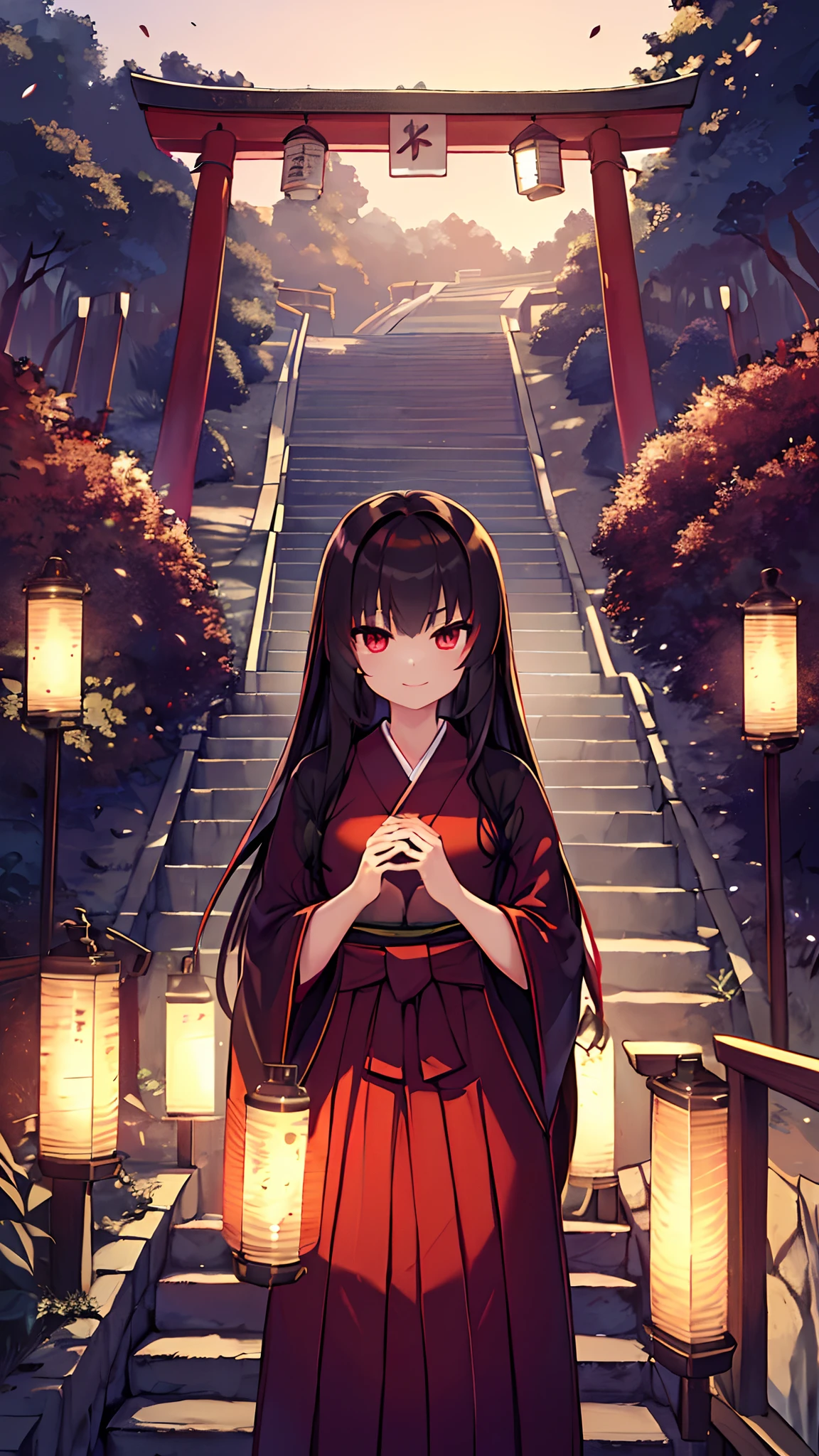 (top-quality), (​masterpiece)、(ultla detailed)、(Beauty alone:1.5)、cute little、offcial art、Outside、(Dim forest on background)、stairway、(FULL BODYSHOT)、shrine maiden、(Hakama:1.5)、(early evening)、(18year old:1.3)、Medium chest、(Red Eyes)、A detailed eye、(A dark-haired:1.5)、(Straight hair:1.5)、(Longhaire:1.5)、Blunt bangs、(torii gate)、(Maxi length:1.2)、、Inappropriate smile、Standing、lantern、One arm is thrown forward