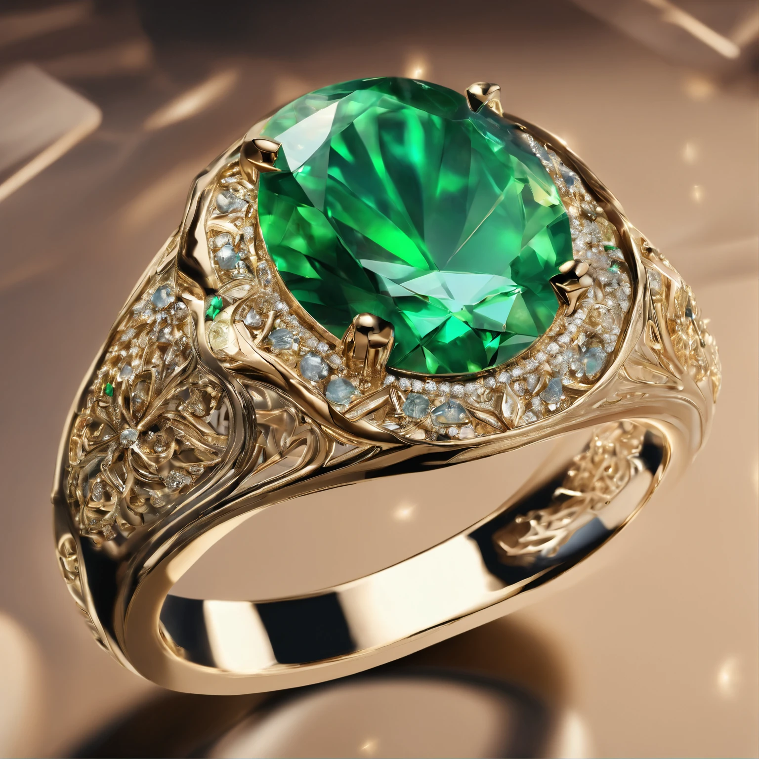 gold metal ring,shiny,reflective surface,detailed engravings,precious gemstone(stone:emerald),diamond accents,sparkling,captivating design,glamorous,high-quality craftsmanship,elegant,sophisticated style,vibrant colors,rich textures,beautifully polished finish,eye-catching piece of jewelry