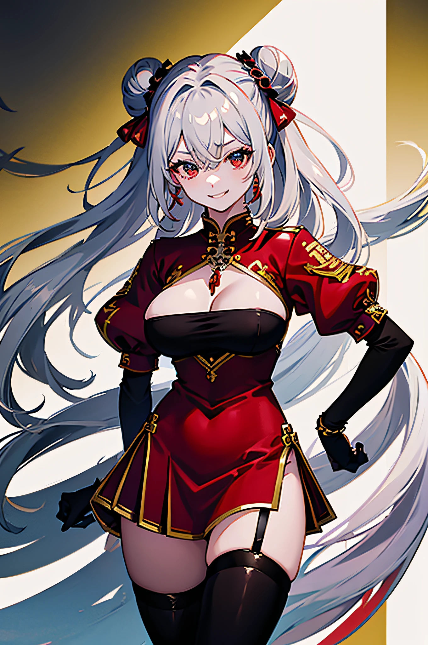 DAFENGNYANNYAN, HAIR BETWEEN EYES, DOUBLE BUN, RED CHINA DRESS, BLACK THIGHHIGHS, PELVIC CURTAIN, GARTER STRAPS, HAIR RIBBON, BLACK GLOVES, 1girl, solo, facing viewer, looking at viewer, smile
