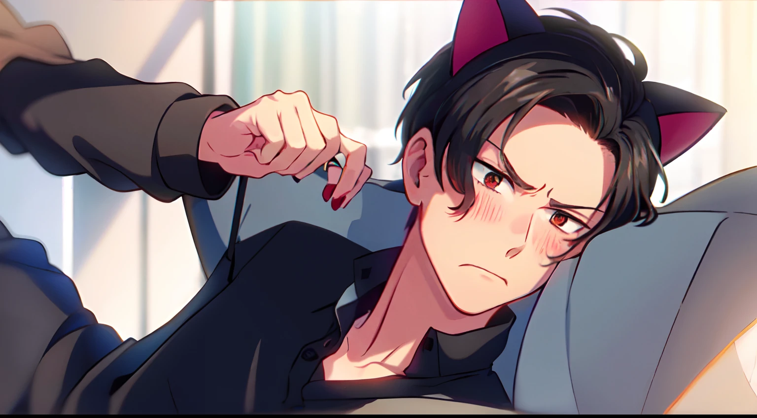 masterpiece, 1Man, luci, red eyes, black hair, angry flustered, blush, cat ears