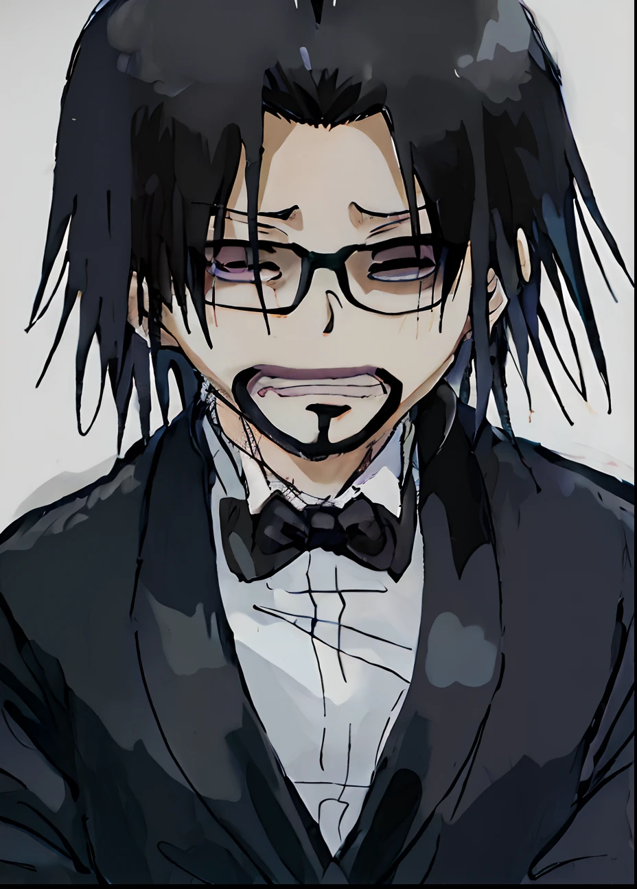 anime guy with black hair and glasses wearing a bow, goatee, with glasses and goatee, hideaki anno anime, akiyuki shinbou, inspired by Iwao Takamoto, as an anime character, inspired by Okumura Masanobu, okata kazuto, anime man, inspired by Yamagata Hiro, akiyuki shinbo, sad boy, sad style, sad Man, Eiichirou Oda (One Piece) Style
