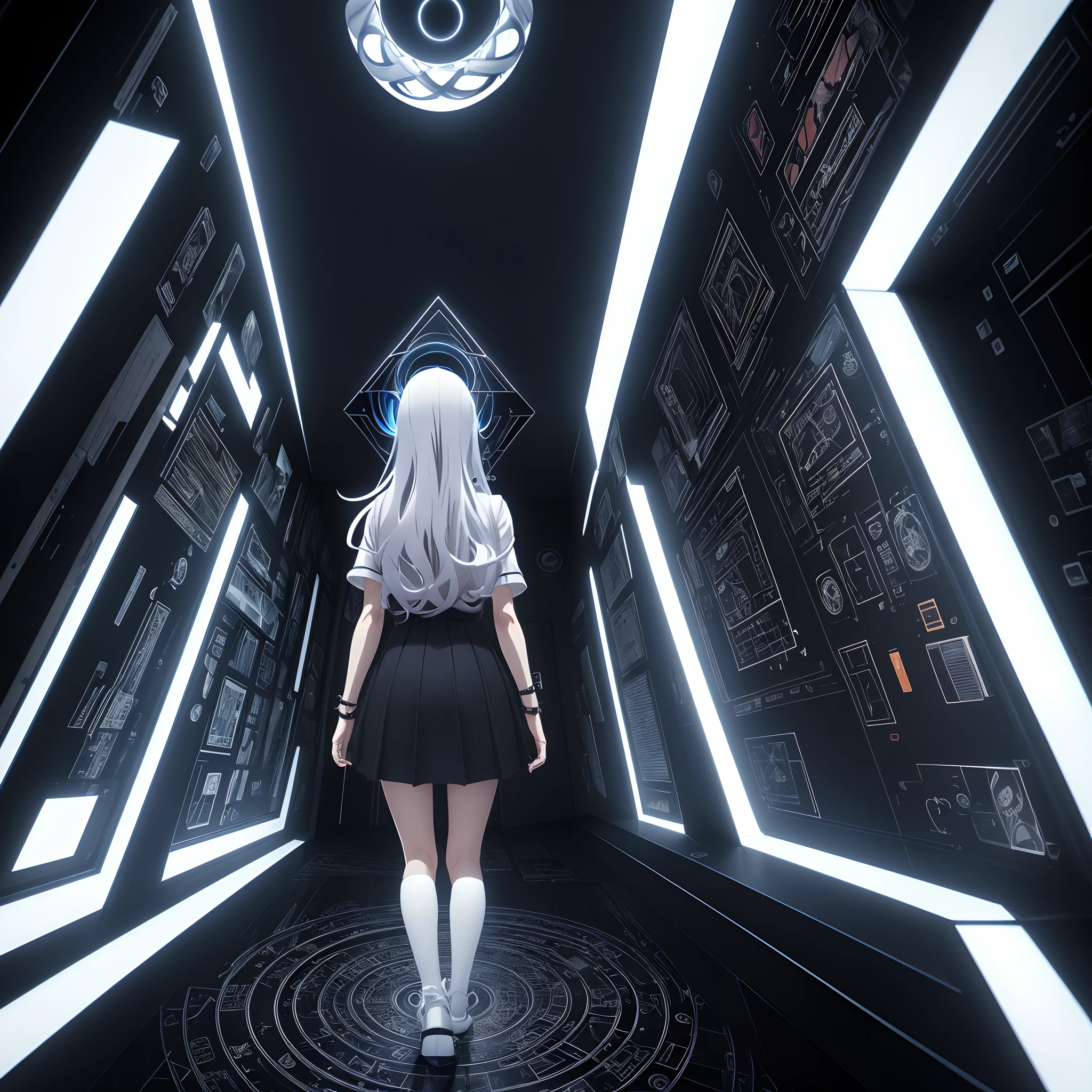 first person perspective，Vanishing point extension，Abyss mirror，A schoolgirl,Solo,Open the door,Starcloud,black hole,oil,grid,sonoko,Display failures, Black screen, Garbled,(Color anime style,White background:1.45),(tentaculata,Spiral,Penrose Escher-style rooms,Fractal geometry, Riemann geometry,Mobius ring:1.25)standing as a backdrop,