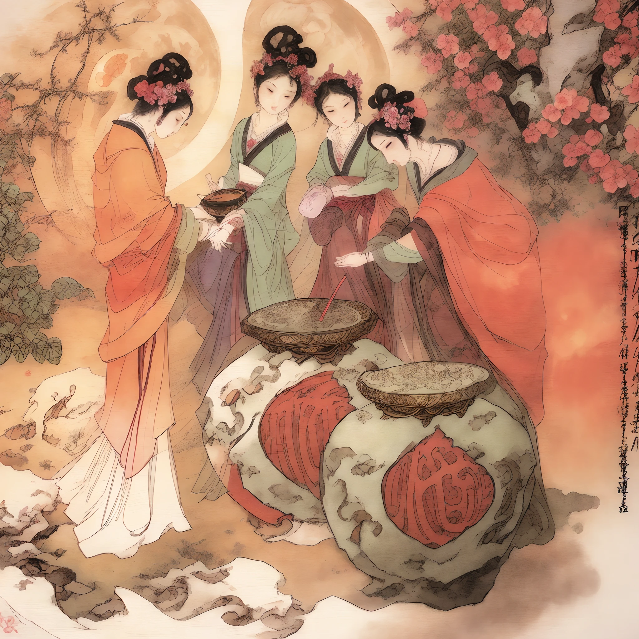 Masterpiece, Best quality,(full bodyesbian:1.3), Solo,chinese paintings,Beautiful face and eyes details of Chinese girl, Perfect skin,make happy expressions,The sisters make wine together,Gorgeous,Pure,light make-up,Jade jewelry,hair adornments,Hair Band,moon full,incense burner table,Moon cake,Rabbit in the moon,green smoke,view the viewer, Colorful,sharp and clear focus,instagram most viewed, Concept artist, Depth of field,flower,Bush