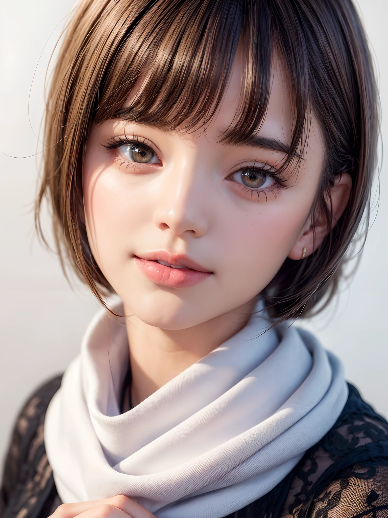 (​masterpiece, top-quality、Very attractive adult beauty、Add intense highlights to the eyes),1girl in, 独奏, A dark-haired, scarf, Hats,, realisitic, looking at the viewers, black eyes of light color, shorth hair, coat, Winter clothes, White headscarf, s lips, lipgloss，bangss, The upper part of the body、big eye、Lashes)、((Road system in Italy))、((Shorthair with bangs、big eye、Put very strong highlights in your students、very Bigger breasts、gazing at viewer、Very beautiful beauty、Put your ears out、long neck、little smiling、Beautiful teeth、Open your mouth and smile、stares at the camera))、28 year old、Very cute supermodel