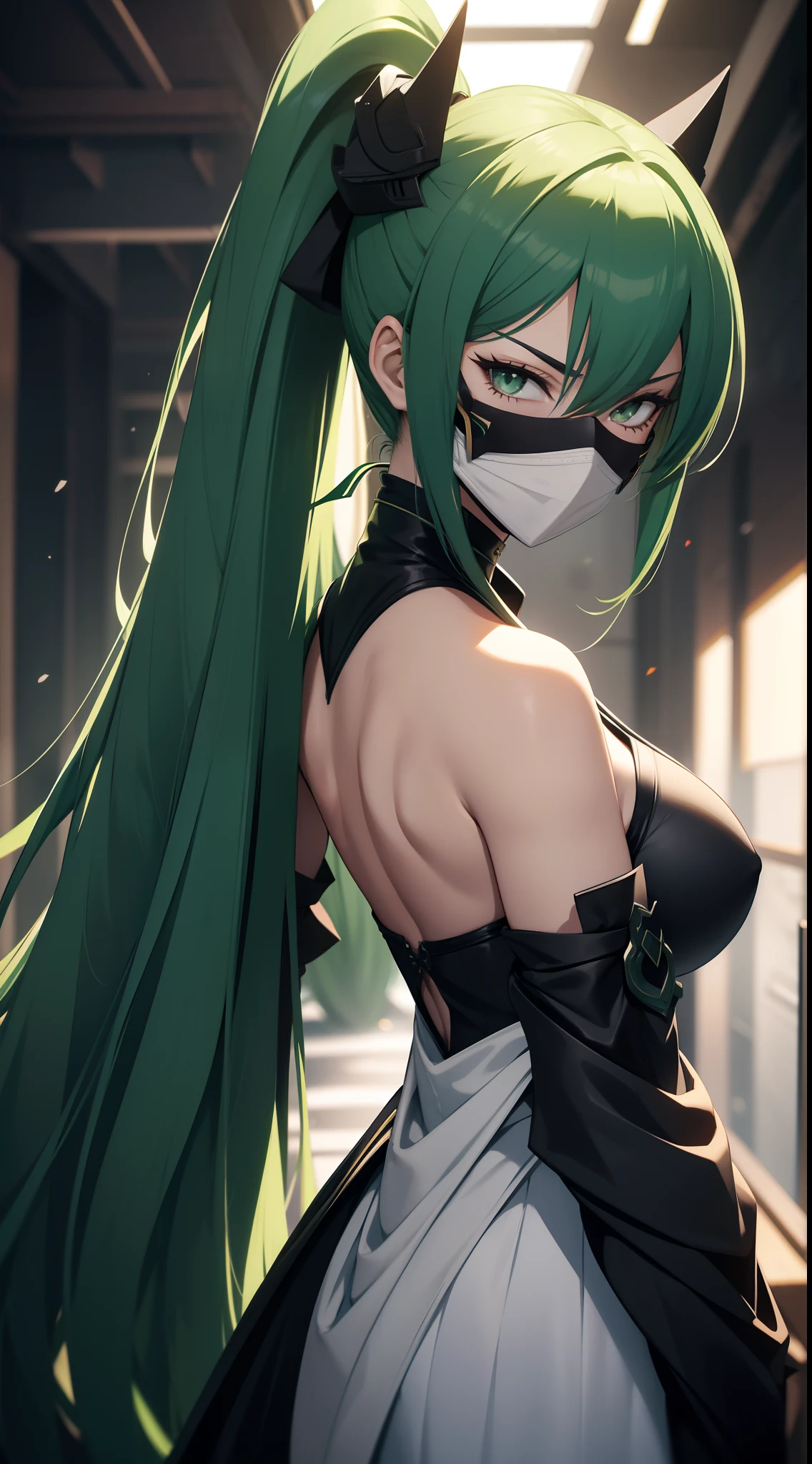 Adult woman, long green hair, high ponytail, white eyes, Black Dense Shape, mask, angry, seen from behind, Smile, Masterpiece, hiquality, 4k, HD, Good detail