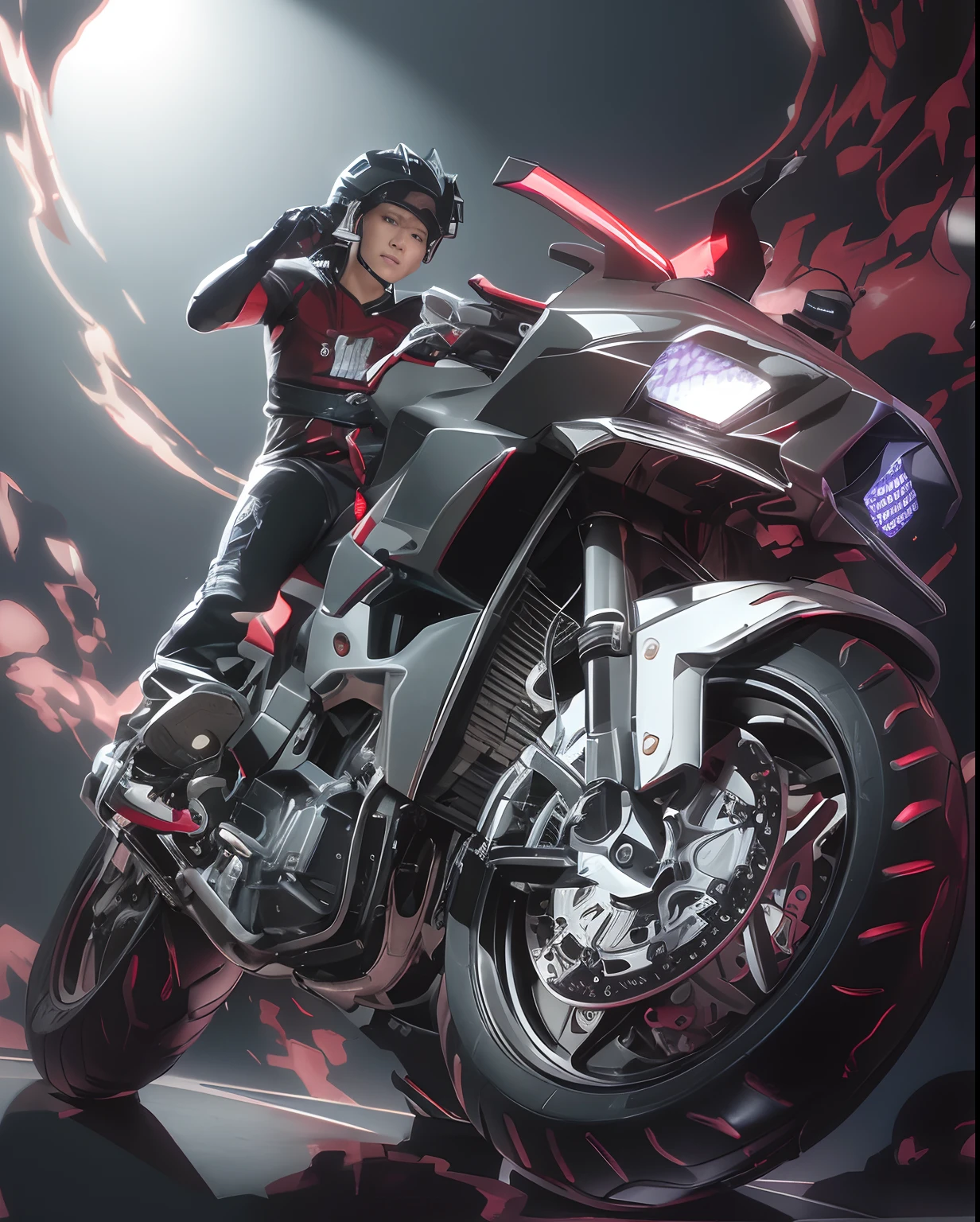 Highest image quality, outstanding details, ultra-high resolution, (realism: 1.4), the best illustration, favor details, highly condensed 1man, with a delicate and hansome face, dressed in a black and red mecha, wearing a mecha helmet, holding a directional controller, riding on a motorcycle, the background is a high-tech lighting scene of the future city.