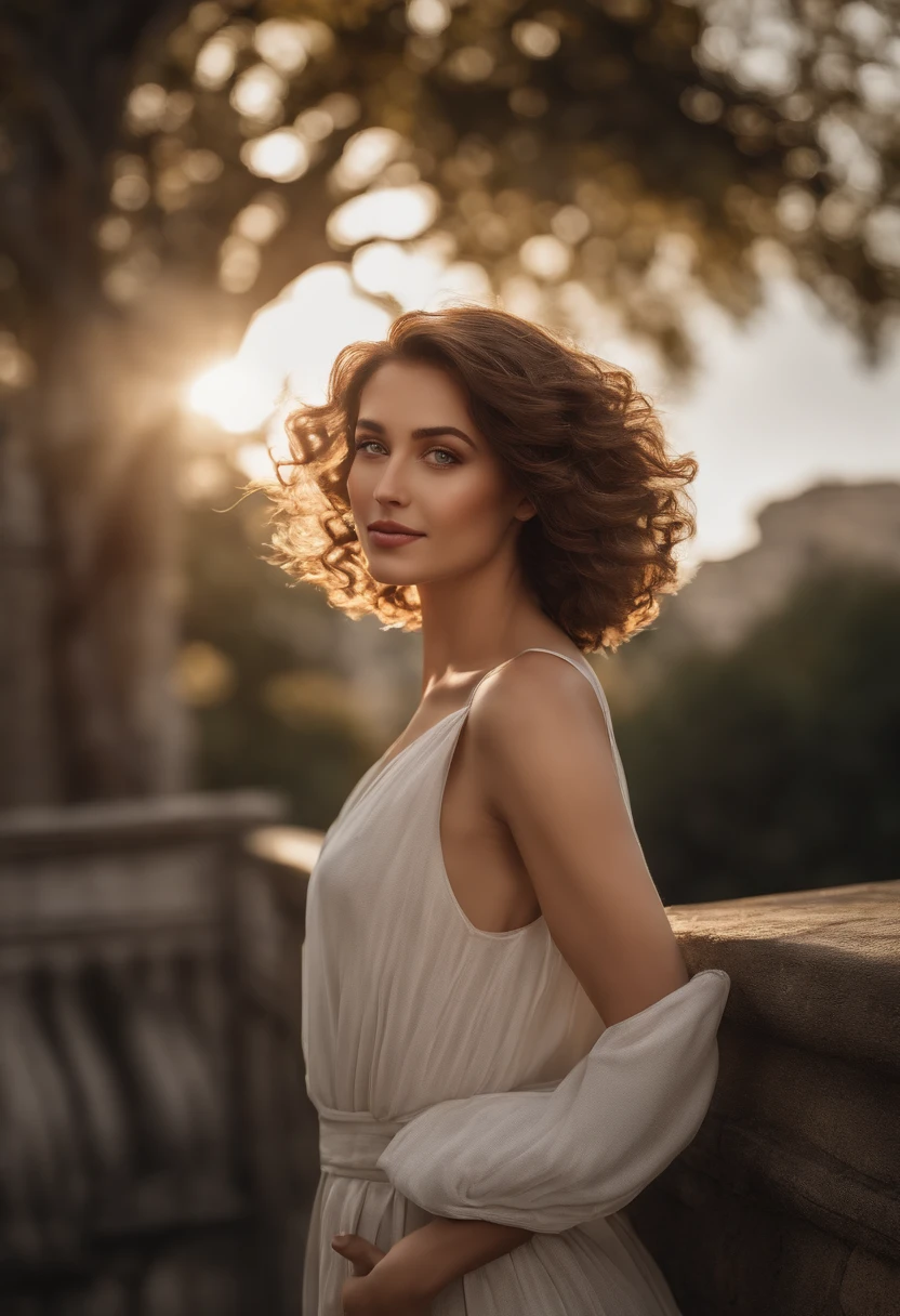 (RAW, analogue, Nikon Z 14mm ultra-wide angle lens, award-winning glamour photograph, ((best quality)), ((masterpiece)), ((realistic)), skin pores, subsurface scattering, radiant light rays, high-res, detailed facial features, high detail, sharp focus, smooth, aesthetic, extremely detailed, (extremely detailed eyes, extremely detailed iris), extremely detailed hair, extremely detailed skin, extremely detailed clothes, octane render, photorealistic, realistic, post-processing, max detail, realistic shadows, roughness, natural skin texture, real life, ultra-realistic, photorealism, photography, 8k UHD, photography, hdr, intricate, elegant, highly detailed, sharp focus, stunning, beautiful, gorgeous), (masterpiece:1.2, best quality1:1, ultra-detailed:1.2, best shadow, 8k:1.1), (massive city:1.3, rooftop:1.1, city structures below, handrails), (contrasting background, bright background), (beautiful detailed face), high contrast, (perfect illumination:1.2, beautiful color, delicate color), ((cinematic light)), colorful, hyper detail, dramatic light, intricate details, (1 girl, solo, brown hair, smiling face, short hair, wavy hair:1.1, blue eyes, dynamic angle, white tanktop, jeans, cowboy shot, arms down), depth of field