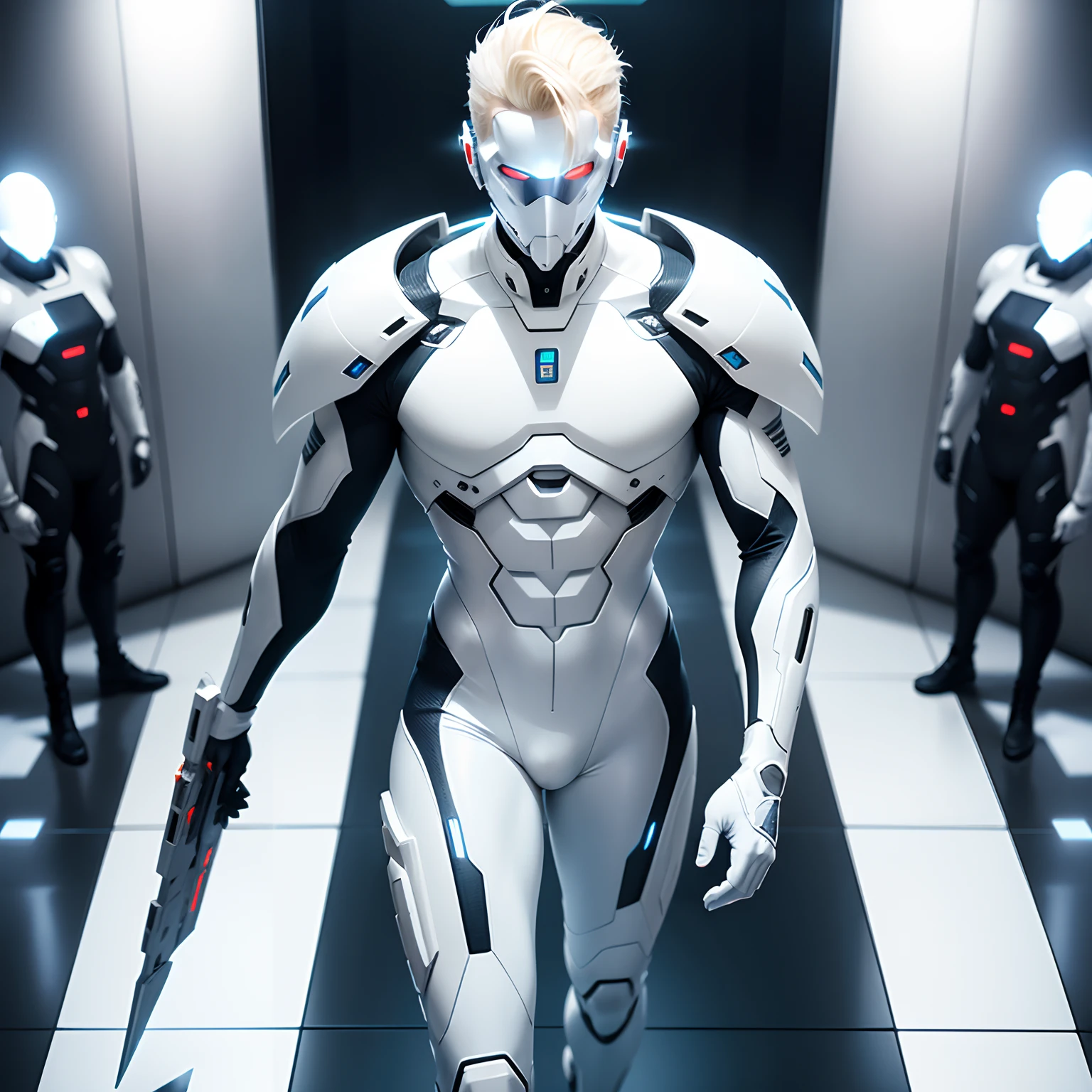 (futuristic, sci fi)Man in all white body suit, blonde hair, white gaunlets, full body suit, hands visible, hair visible, pale skin, beautiful face, masterpiece, white futuristic mask covering mouth, eyes visible, sinister intent, tools in hand, soldiers in background, tool visible, teenager