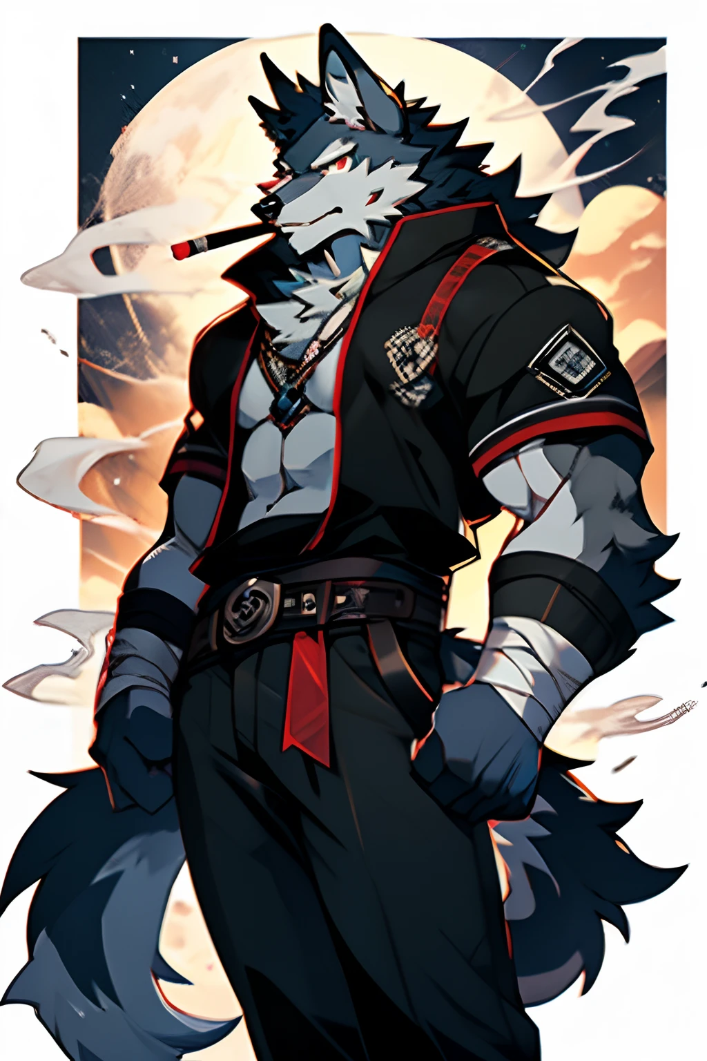 Anime - a man with a wolf-like face and a cigarette style image, Badass anime 8 K, Furry character, The arms are wrapped in white bandages，Strong unicorn arms，Wearing black pants，He wears a red belt around his waist，Strong thighs，musculous，detailed anime character art, eye-catching detailed art style, an anthro wolf, commission for high resolution, fursona wearing stylish clothes, High-quality fanart, Anime character art, Furry anime, furry wolf, POV furry art, anthropomorphic wolf male