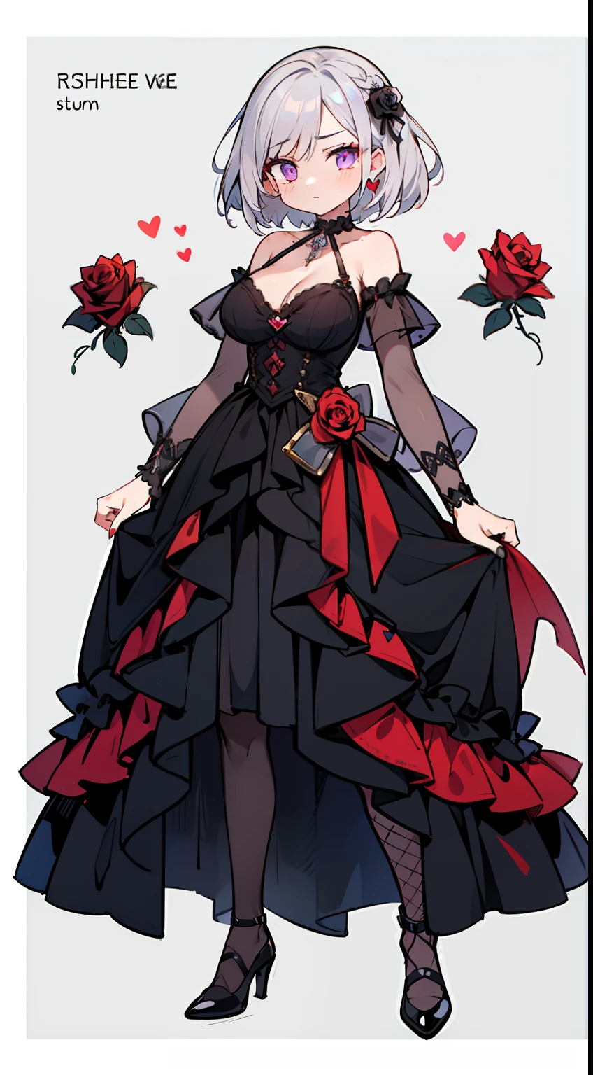 1girl in, fullllbody, Character Design, Silver Hair Braided Short Hair, Purple eyes, Eyes are hearts, Black Goth t Ruffled Dress, Black choker with red gemstones embedded, cana, large full breasts, fishnet tights, High quality, Wide Shot, Detailed background of the castle full of roses, Straight face
