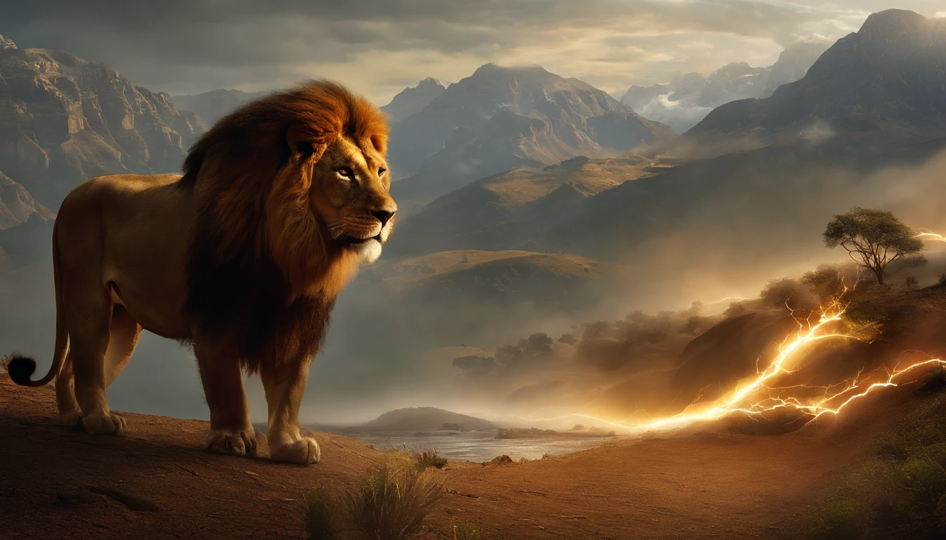 In 3d animation style " Lion coming out of the cave, looking relieved.