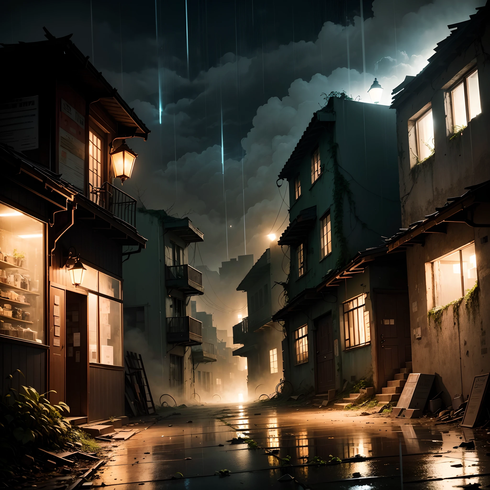 (Armageddon),dark,Dilapidated city,Plants climbing all over the walls ,Night,raining heavily,Black rain,(Fog,dense fog),Dilapidated streets,Dimly lit alley,(gloomy lighting),relic,(Dilapidated buildings),(Uninhabited city)