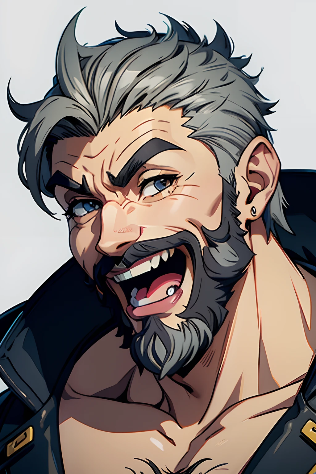 1man, grey short hair, hazel eyes, bushy beard, jojo's bizarre adventure anime style, laughing, emoji, twitch, vector art, sticker