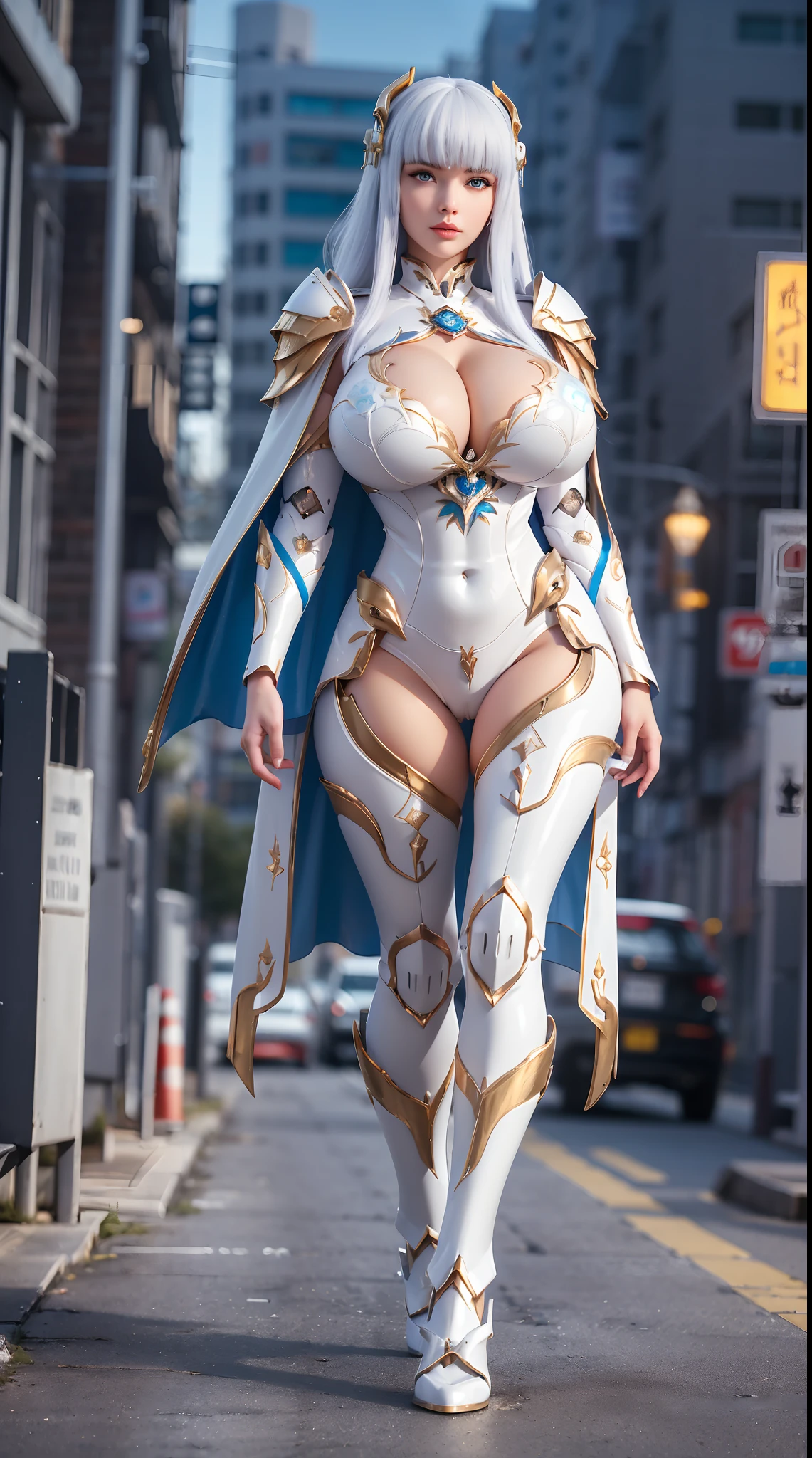 1GIRL, SOLO, (white front bangs hair), (HUGE FAKE BOOBS:1.3), (white, sea blue, gold, FUTURISTIC DRAGON MECHA ARMOR SUIT, ROYAL CAPE, CLEAVAGE:1.5), (SKINTIGHT YOGA PANTS, HIGH HEELS:1.2), (NSFW GLAMOROUS BODY, SEXY LONG LEGS, FULL BODY:1.3), (FROM FRONT, LOOKING AT VIEWER:1), (WALKING DOWN ON STREET NIGHT CITY:1.3), PHYSICALLY-BASED RENDERING, ULTRA HIGHT DEFINITION, 8K, 1080P.