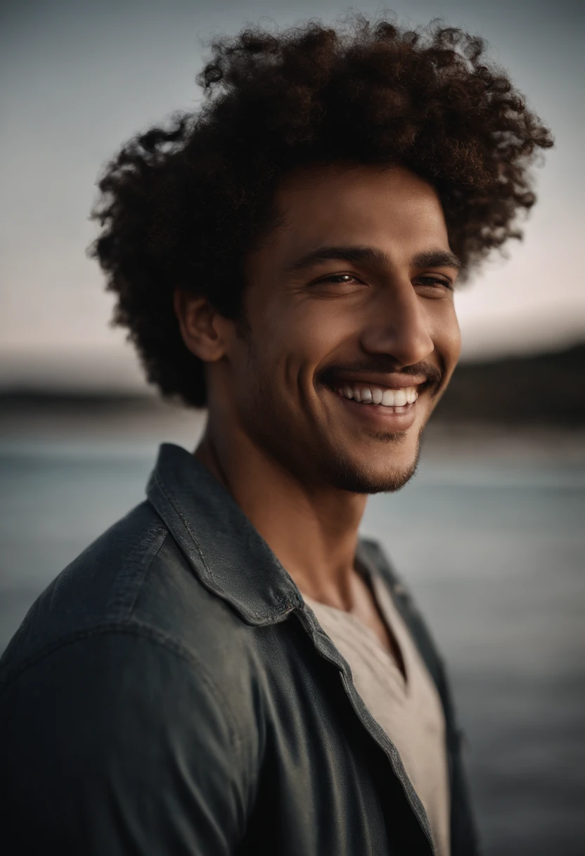 young man, smiling at sea, 20 anos, cabelos brancos, corte de cabelo de dois blocos , not shirt, vestindo um casaco de pele preto , Foto Realidade, pele de realidade, pele detalhada, olhos claros brilhantes, Biomechanicals, estranho, assustador, Pesadelo, cores muito brilhantes, light particles, com luz brilhante, Mshiff, Arte do papel de parede, Papel de parede UHD