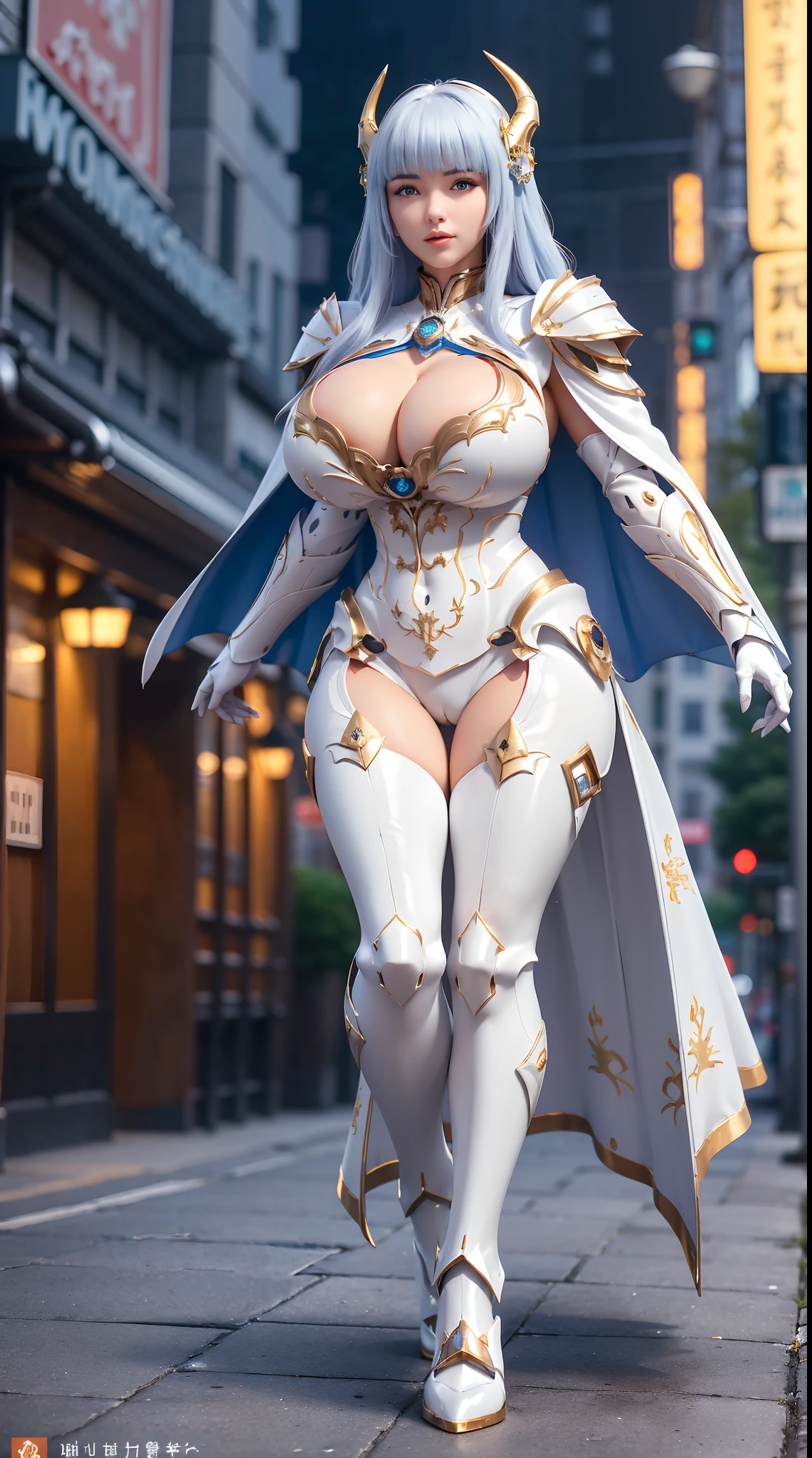 1GIRL, SOLO, (white front bangs hair), (HUGE FAKE BOOBS:1.3), (white, sea blue, gold, FUTURISTIC DRAGON MECHA ARMOR SUIT, ROYAL CAPE, CLEAVAGE:1.5), (SKINTIGHT YOGA PANTS, HIGH HEELS:1.2), (NSFW GLAMOROUS BODY, SEXY LONG LEGS, FULL BODY:1.3), (FROM FRONT, LOOKING AT VIEWER:1), (WALKING DOWN ON STREET NIGHT CITY:1.3), PHYSICALLY-BASED RENDERING, ULTRA HIGHT DEFINITION, 8K, 1080P.