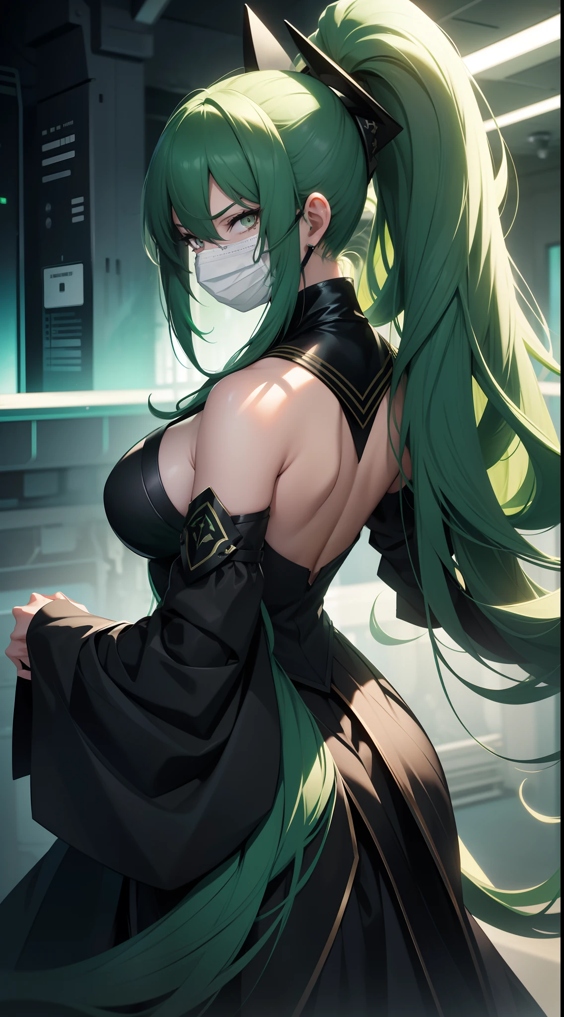 ((masterpiece,Highest quality:1.3)),cowboy shot,1woman、30-year-old beautiful detective、独奏,(very small head:1.3),green hair,(low ponytail),long hair,blunt bangs,green eyes,gorgeous eyes,tears、crying,medium breasts,(very long body:1.2),(toned body,slender body,skinny),gleaming skin,shiny skin,oily skin,(Injury:1.4,Bleeding:1.4、Torn clothes),Yellow micro shorts,topless,nipples,navel、vagina,bottomless,White sneakers、sitting,spread legs,(Mechanical Tentacles、A female mechanical lifeform rapes a female investigator:1.5)、Inside an abandoned building、explosion、World of Blade Runner、nsfw,