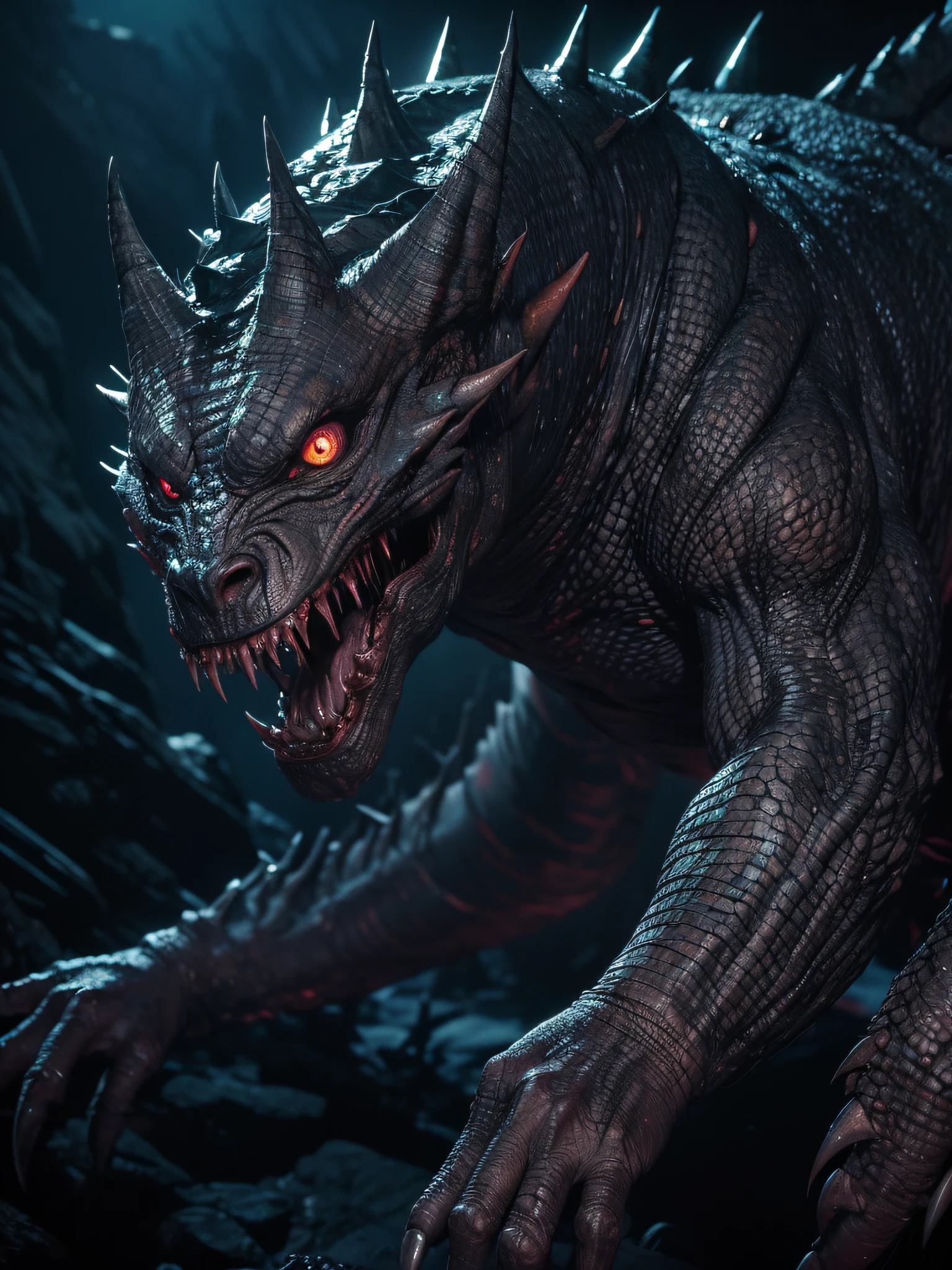 highres,photorealistic,a terrifying monster from an 80's creature feature,detailed eyes and mouth,scaly skin,fierce expression,sharp teeth,long claws,dark and eerie lighting,dynamic and menacing pose,vivid colors,horror,nighttime landscape,glowing eyes,ominous atmosphere