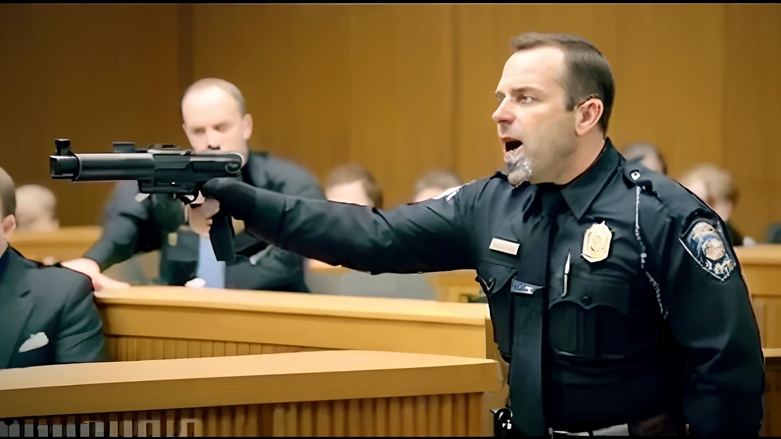 arafed police officer pointing a gun at a courtroom, cop, he has a pistol!!, menacing!!!, menacing, police shootout, pointing a pistol at us, violent, police state, courtroom scene, powerful scene, youtube thumbnail, in court, in a courtroom, violence, menacing!, gunfire, defense attorney, unarmed combat, police officer hit