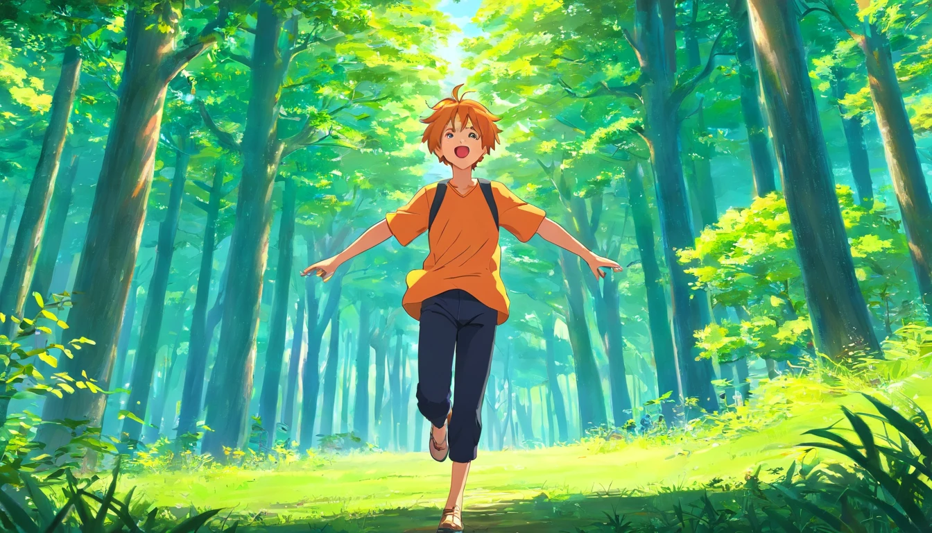(best quality, 4K, movie still, in the middle of the forest), (1 boy), (solo performance), (male point of contact), (orange hair, short hair), yellow eyes, light smile, open mouth, one arm stretched forward, (light green shirt), (with black pants), azure sky, shouting