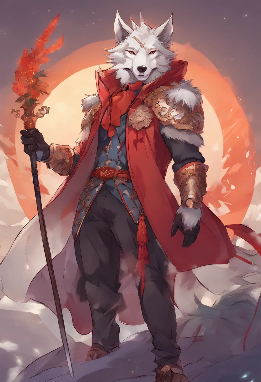 Anime - a stylistic image of a man with a wolf-like face and a cigarette, Badass anime 8 K, Furry character, The arm is wrapped in a white bandage，Strong unicorn arms，Wearing black pants，He wears a red belt around his waist，strong thighs，musculous，detailed anime character art, eye-catching detailed art style, an anthro wolf, commission for high resolution, fursona wearing stylish clothes, High-quality fanart, Anime character art, Furry anime, furry wolf, POV furry art, anthropomorphic wolf male