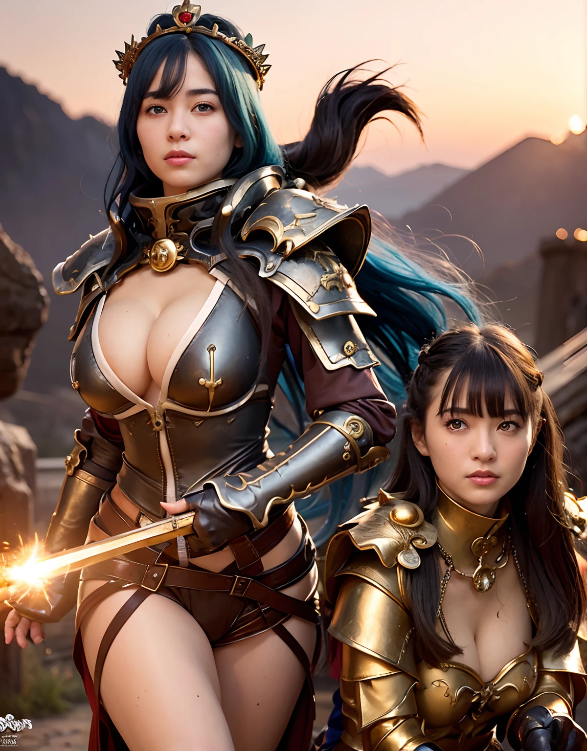 Professional , masterpiece、top-quality、photos realistic , 、top-quality、超A high resolution、(Photorealsitic:1.4)、Raw photo、depth of fields (Gemstone Gold Metal Body:1.9),(Matte White、Toostock、cleavage of the breast、(cleavage of the breast)、(Detailed Dragon Armor)、(Have the strongest weapon)、((Random Hairstyles 1.6),Dark Fantasy,)explosions、intense fighting、(Precipitous cliffs),Dragon Gold Weapon,Mystical expression、Particles of light、Fight dragons、(Detailed Dragon Helmet),Gorgeous Silver Weapons ,(( Dragon's dense and gorgeous sword)) , Beautiful knife ,warhammer 40k ,Detail and gorgeous crown、((Blue hair))、(Castle background)、、((Gangle's forest background))、Beautiful Caucasian beauty、1a person、dynamic ungle,((()))、Smaller head、A smile、Castle background、Thin and beautiful female hands、cleavage of the breast、Soldier in iron armor on background、Mystical expression、Light Effects、intense fighting、Wind-effect、magic circles、With the legendary magic wand、(demonic wings)、Toostock、