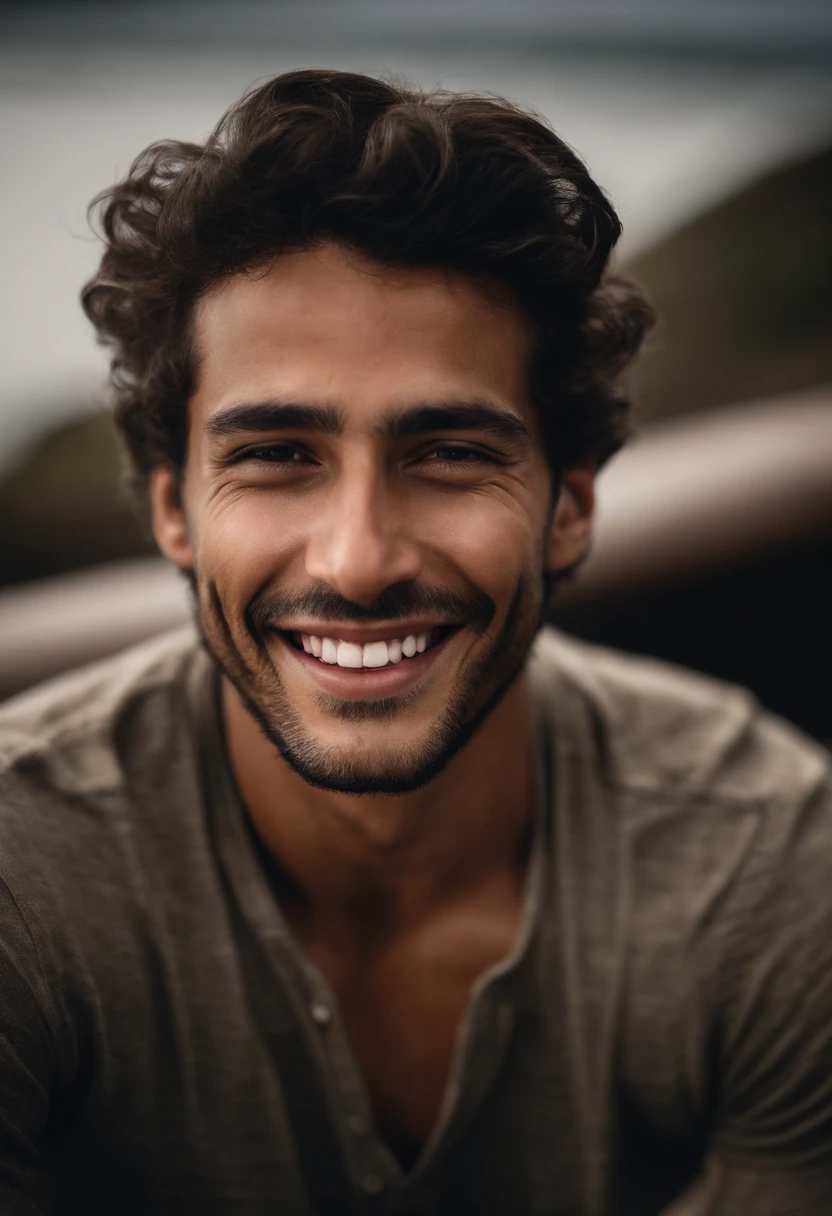 young man, smiling at sea, 20 anos, cabelos brancos, corte de cabelo de dois blocos , not shirt, vestindo um casaco de pele preto , Foto Realidade, pele de realidade, pele detalhada, olhos claros brilhantes, Biomechanicals, estranho, assustador, Pesadelo, cores muito brilhantes, light particles, com luz brilhante, Mshiff, Arte do papel de parede, Papel de parede UHD