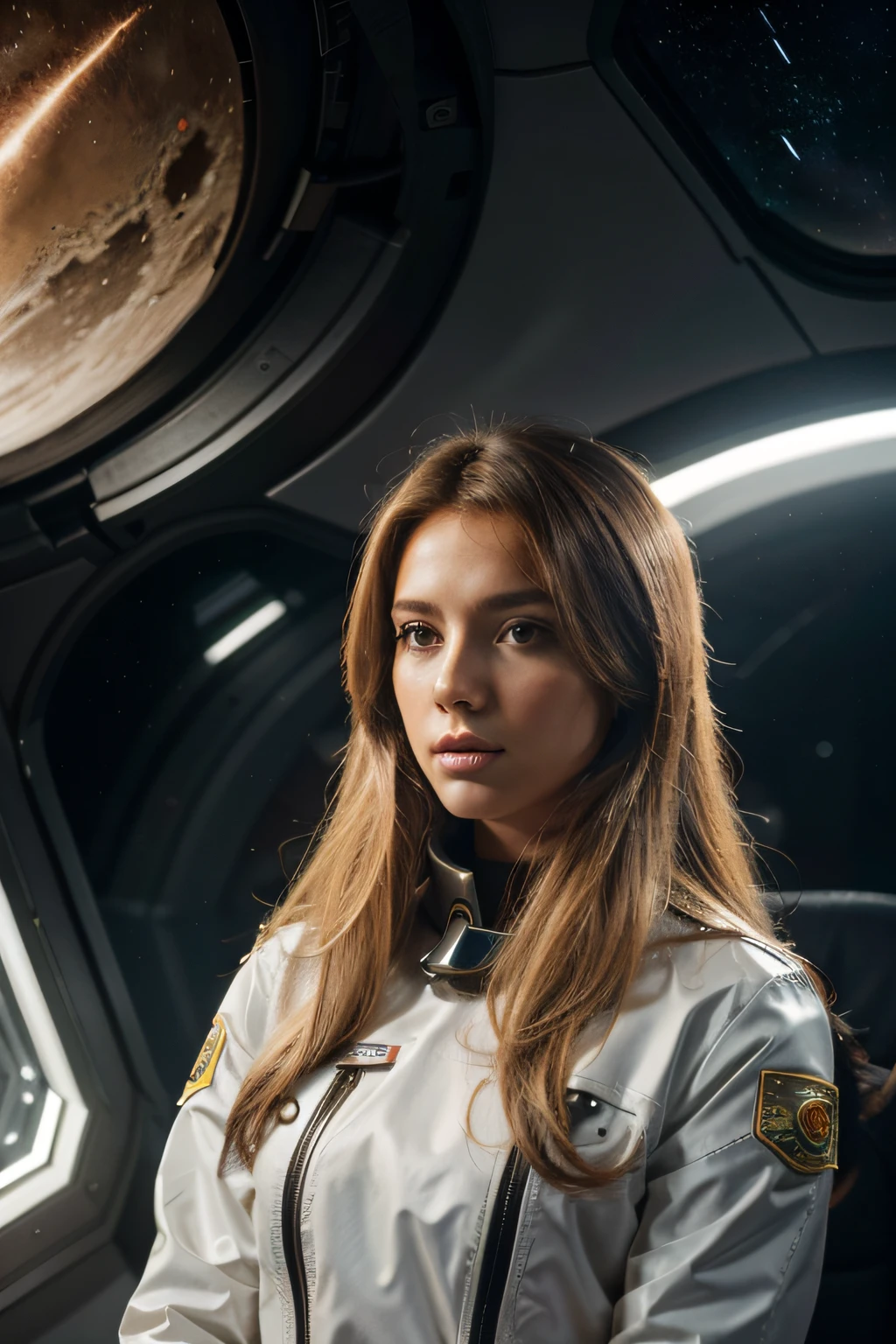 Campo estelar, Sara Morgan, cabelos loiros, mid hair, cabelo curto, corpo lindo, Linda, alta qualidade, jaqueta de couro vermelha, in a space setting, muito realista, decote.