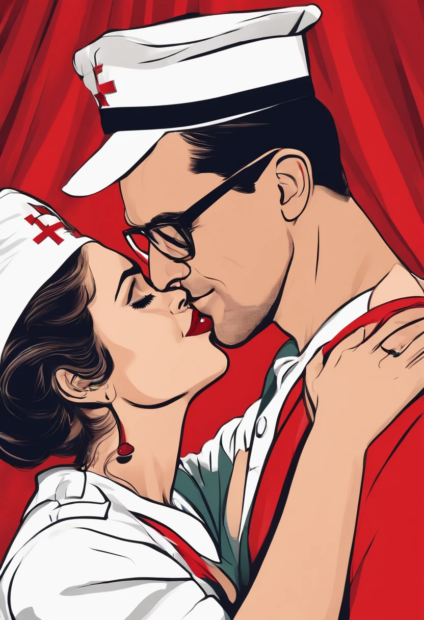 sexy nurse with glasses kissing man