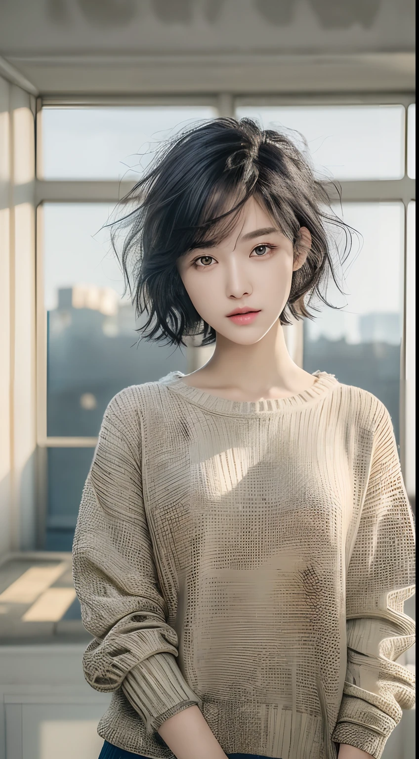(masterpiece:1.3), (8k, photorealistic, RAW photo, best quality: 1.4), (1girl), beautiful face, (realistic face), (black hair, short hair:1.3), beautiful hairstyle, realistic eyes, beautiful detailed eyes, (realistic skin), beautiful skin, (sweater), absurdres, attractive, ultra high res, ultra realistic, highly detailed, golden ratio