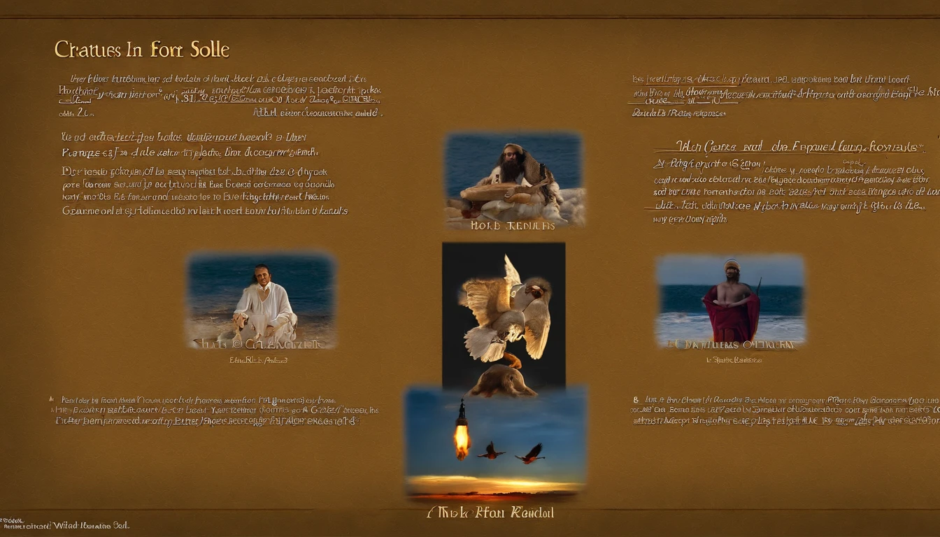 (Best Quality,high resolucion) Gbal Ganga, Land of the Chaldees, The banks of the Gbal River, The word of Jehovah was the priest of the son of Bush, Especially to Ezekiel, The power of the Lord is upon me..
  And I saw a storm and a big cloud coming from the north, And a fire flashed in it, And the light shone from all sides, And in the midst of the fire appeared something like sweet iron.
  And in them appeared the figures of four living creatures, And this is what they look like: And they had the form of a man.
   Each of them has four faces, And four wings,
   Their legs are straight, The soles of their feet are like the soles of calves., It shines like polished copper.
  And under your wings was a man's hand: And these were the faces and wings of the four creatures.
   And the wings were all soft to each other, And when they went, They didn't turn around, But in unison, they went straight forward.
   And the shape of the face is the face of the man in front of the four people, And the faces of the lions on the four right, And the face of the bull on the left side of the four, And the face of the eagle behind you.
   And so was his face, And his wings were stretched, And the two were gentle with each other, And the two covered themselves.
   And when the soul goes in a certain direction, Creatures go with it, But don't go back., But walk straight forward in unison.
   And the shape of the creature is like that of burning charcoal and torches, And fire rises and falls among the creatures, And the fire shines, And in the midst of it comes lightning.
   And the creatures came and went like lightning.
   And I saw the creatures, And next to them were wheels, one by one, Follow their four faces.
   The shape and structure of the wheel looks like jade, And the four have the same shape, And its shape and structure are like a wheel within a wheel.
  And when they go, They go in all directions, Without turn-in