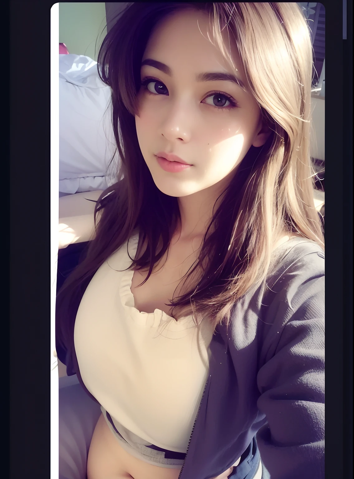Daughter (Masterpiece:1.4), (8K, Real, Raw Picture, Best Quality: 1.4), Japan People, (1 girl), Beautiful Face, (Realistic Face:1.4), (Caramel Hair, Long Hair:1.3), Beautiful Hairstyle, Realistic Blue Eyes, Beautiful Detailed Eyes, (Realistic Skin:1.3), Beautiful Skin, Attractive, Ultra High Definition, Ultra Realistic, Very Detailed, Golden Ratio, (Detailed Face: 1.4), (Anna Tanaka), Tank top, black hair, white see-through panties, NSFW, nipple areola shape stands out, look here, sitting on sofa, pubic shape see-through, drenched in sweat