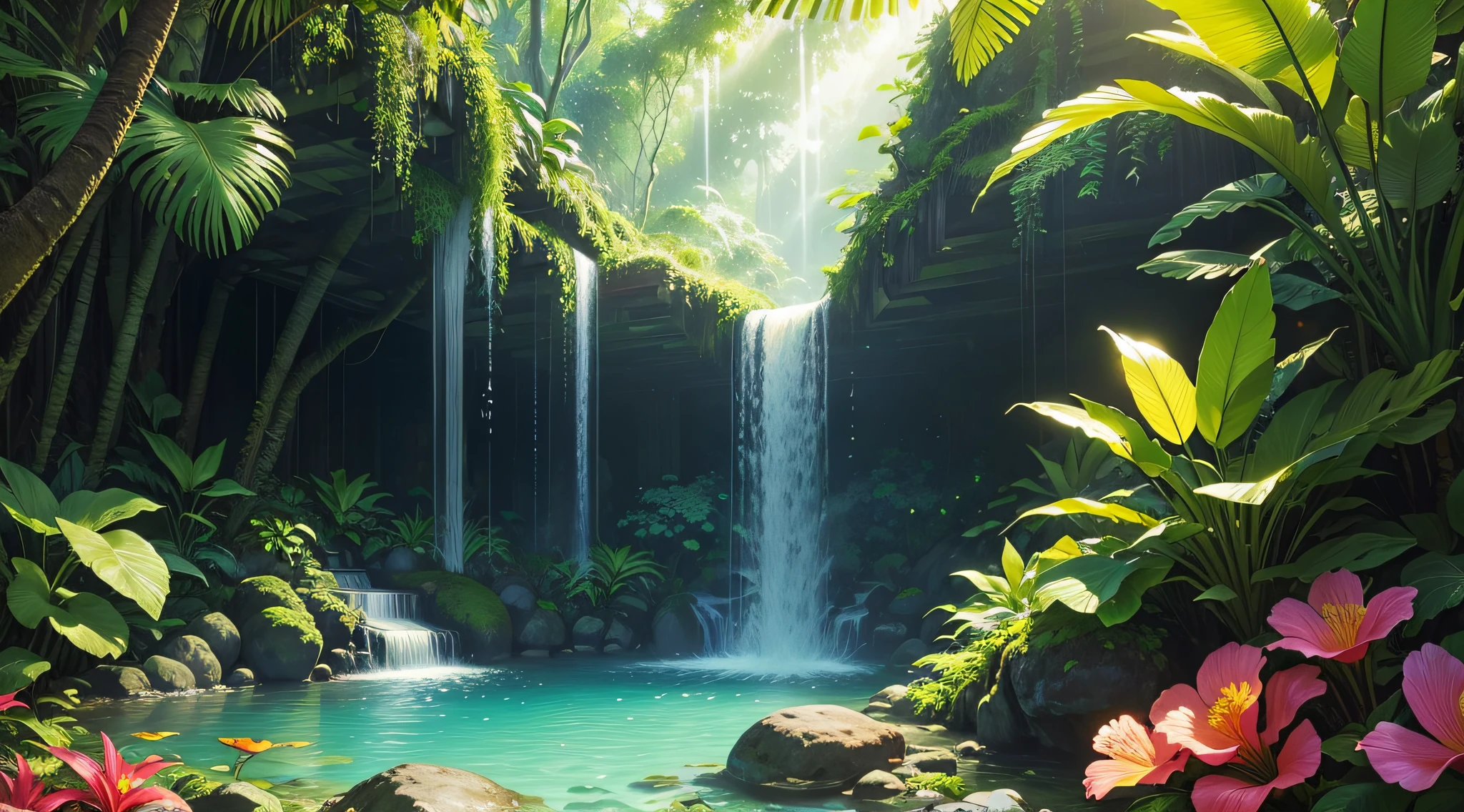 Create a vibrant and lush tropical rainforest scene, filled with diverse flora and fauna. There should be a hidden waterfall cascading into a crystal-clear pool, surrounded by vibrant, exotic flowers and playful monkeys swinging from the trees. The sun filters through the dense canopy, creating a magical, dappled light effect