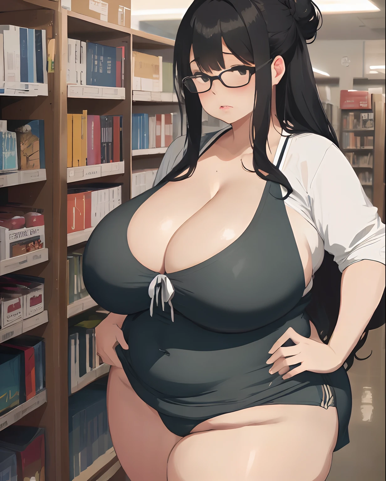 tall and obese woman, very fat, black hair with bun, wearing glasses, buxom chest, colossal breasts, gigantic breasts, saggy breasts, insanely swollen breasts, wide body, round fat and jiggly belly, very thick and fat legs, insanely swollen legs , fat and wide thighs, librarian