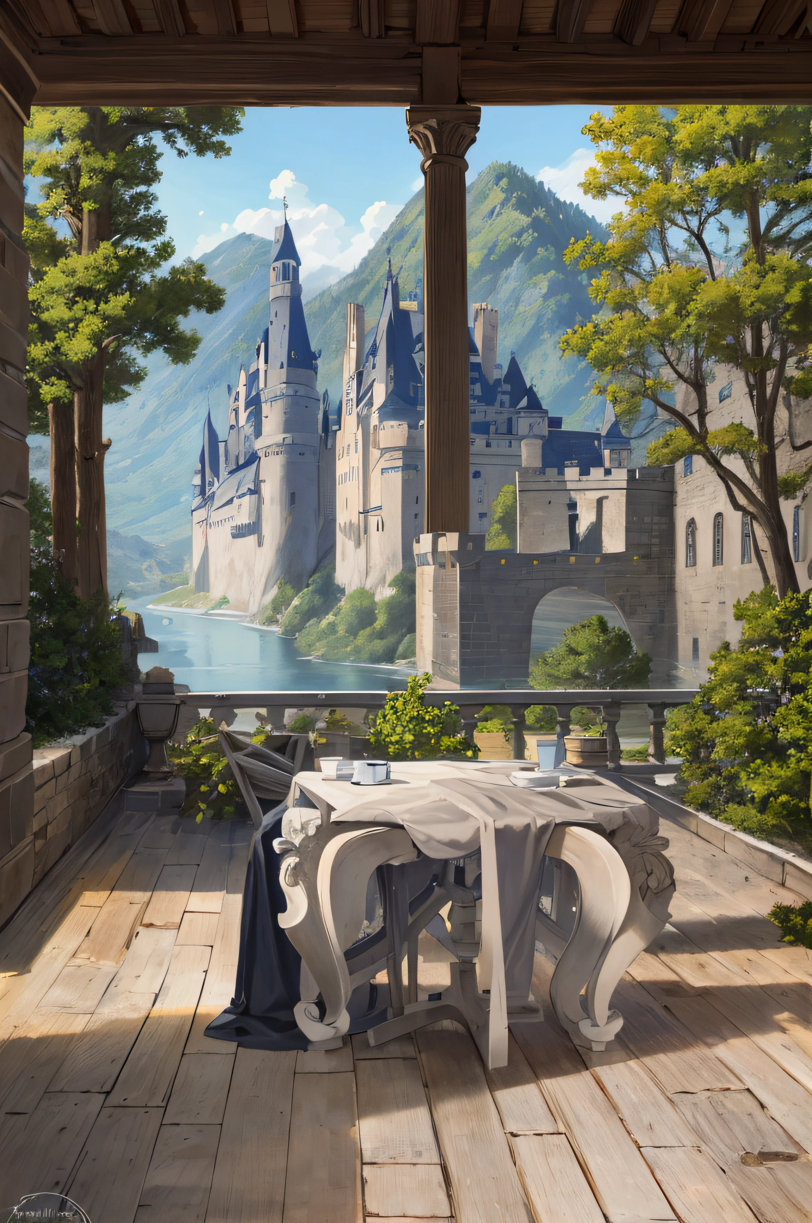 masterpiece, best quality, absurdres, The castle is a magnificent structure made of stone and surrounded by a protective wall. It is situated atop a rocky cliff overlooking the surrounding landscape. The castle itself is composed of a large central keep, with multiple towers and turrets rising up from its roof. The walls are adorned with intricate carvings and decorative features, such as gargoyles and crenellations, The castle's gatehouse is a formidable structure in its own right, with a massive portcullis and reinforced wooden doors. The castle's courtyard is expansive, with a training yard, stables, and barracks for the knights and soldiers who serve the castle's lord, From the cliff on which the castle stands, one can see for miles in all directions. The view is breathtaking, with rolling hills, dense forests, and winding rivers visible in the distance. Despite its imposing appearance, the castle is a place of refuge and safety for those who seek its protection.