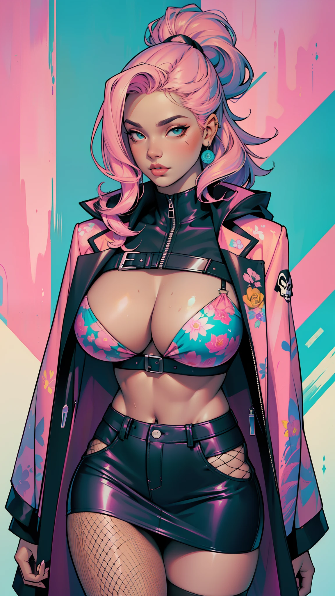 Background, In chic boho style, in a cafe, Ice cream print, multi-colored neon lights, neon garlands, rose hair, mixed-language_SMS, Japanese graffiti, (beautiful and clear background:1.2),, fantastic paintings ,graffit style, highly detail eyes , underwear, lace, Pink, Purple, mint, Blue, Yellow, belve, lavender hair, Skull Print, body piercings, Loving, Love, ultra detail hair, Masterpiece, Best Quality, highly quality, hight resolution, detail enhancement, ((most beautiful image in the world)), Masterpiece, Best Quality, highly quality, hight resolution, detail enhancement, ((most beautiful image ), Shiny pink degrade hair,  fishnet pantyhose,  art by stjepan sejic, art by j scott campbell, Artist Guillem March, art by citemer liu, 4k, hight resolution, comic book character, comic, high quality detailed,   style of ::2.0 comix illustration style,tatoon style, highly quality, hight resolution, detail enhancement, 8K, HD, Best Quality, highly quality, hight resolution, detail enhancement, 8K, HDR, sharp-focus, Ultra Detailed, perfect  lighting, huge breasts, sexy body, Curvy Body, Lush breasts, Curvy hips, skull print on clothes, rock, rock star, Cool,black leather raincoat, style of, spikes, Punk Rock