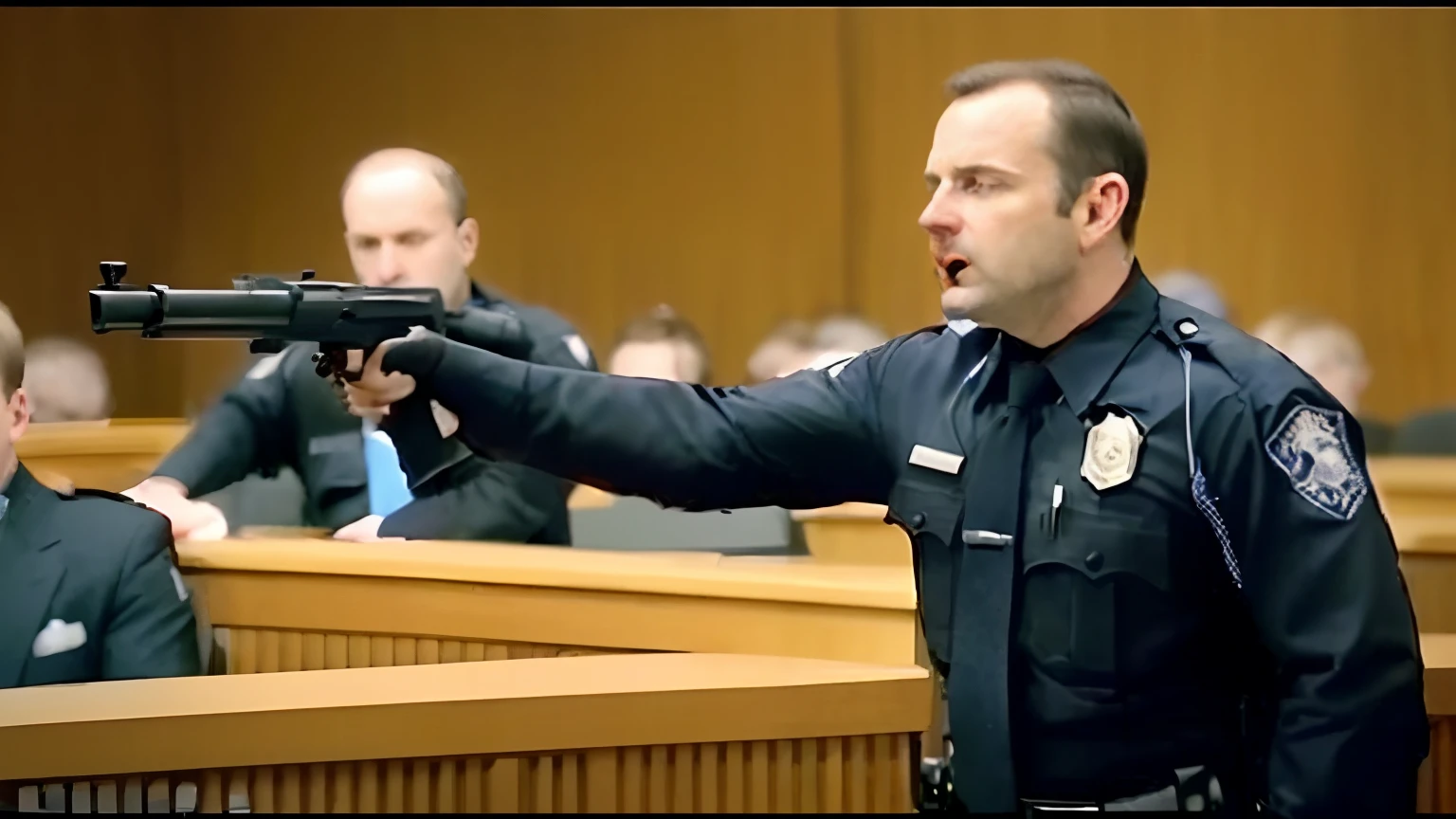 arafed police officer pointing a gun at a courtroom, cop, he has a pistol!!, menacing!!!, menacing, police shootout, pointing a pistol at us, violent, police state, courtroom scene, powerful scene, youtube thumbnail, in court, in a courtroom, violence, menacing!, gunfire, defense attorney, unarmed combat, police officer hit