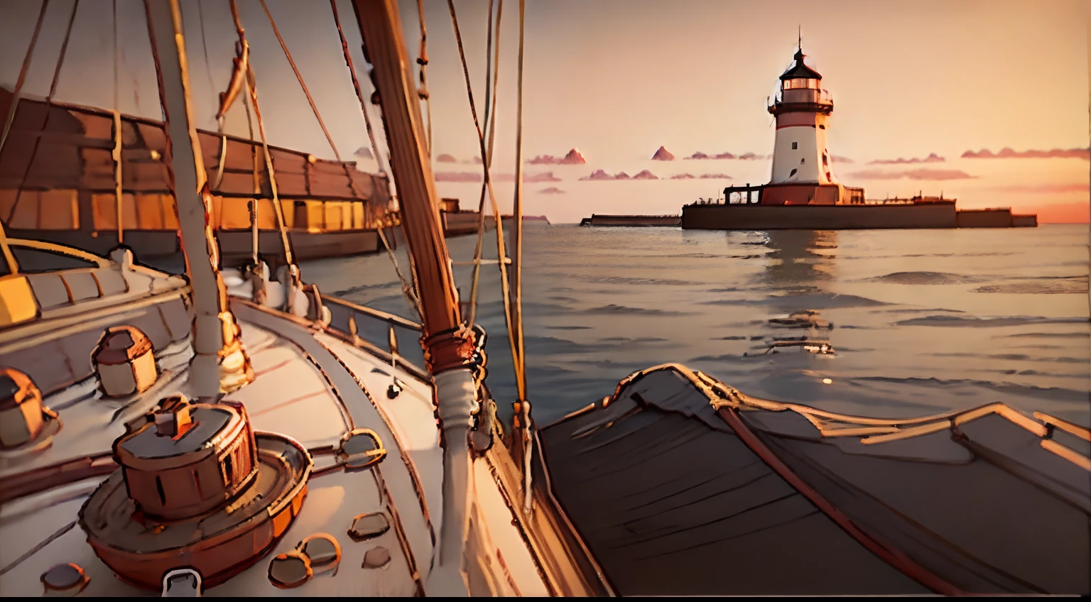 Sailing boat at sunset near a lighthouse , wide angle, Holga photography, analog camera, lo-fi, detailed composition, golden hour