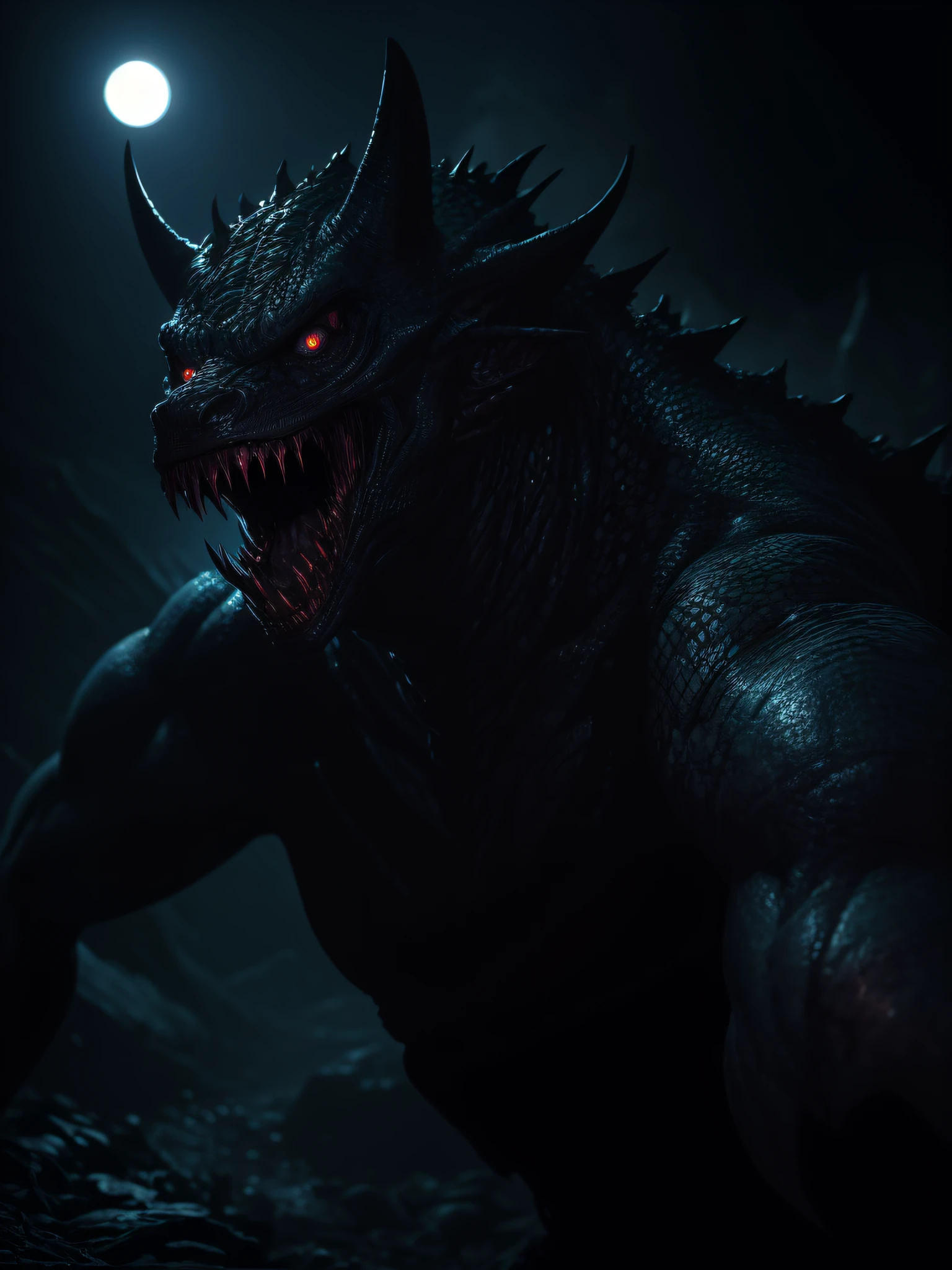 "Draw a terrifying creature that emerges from the dark depths of the ocean。He&#39;s like a fusion of Venom and Aquaman.、With sharp fangs and a pitch black symbiote body、Has the ability to control the forces underwater。His body is covered with scales and tentacles like a sea creature.、The color is a mix of dark blue and deep sea black.。His eyes glowed an evil red.、His hands have sharp claws、Has a fearsome presence even in the water。From the back、The fins spread out like the wings of a devil.、It depicts a creature chasing prey in the ocean.。In the background、A dark and eerie sea floor spreads out、This further enhances the fear that its presence brings.。"

