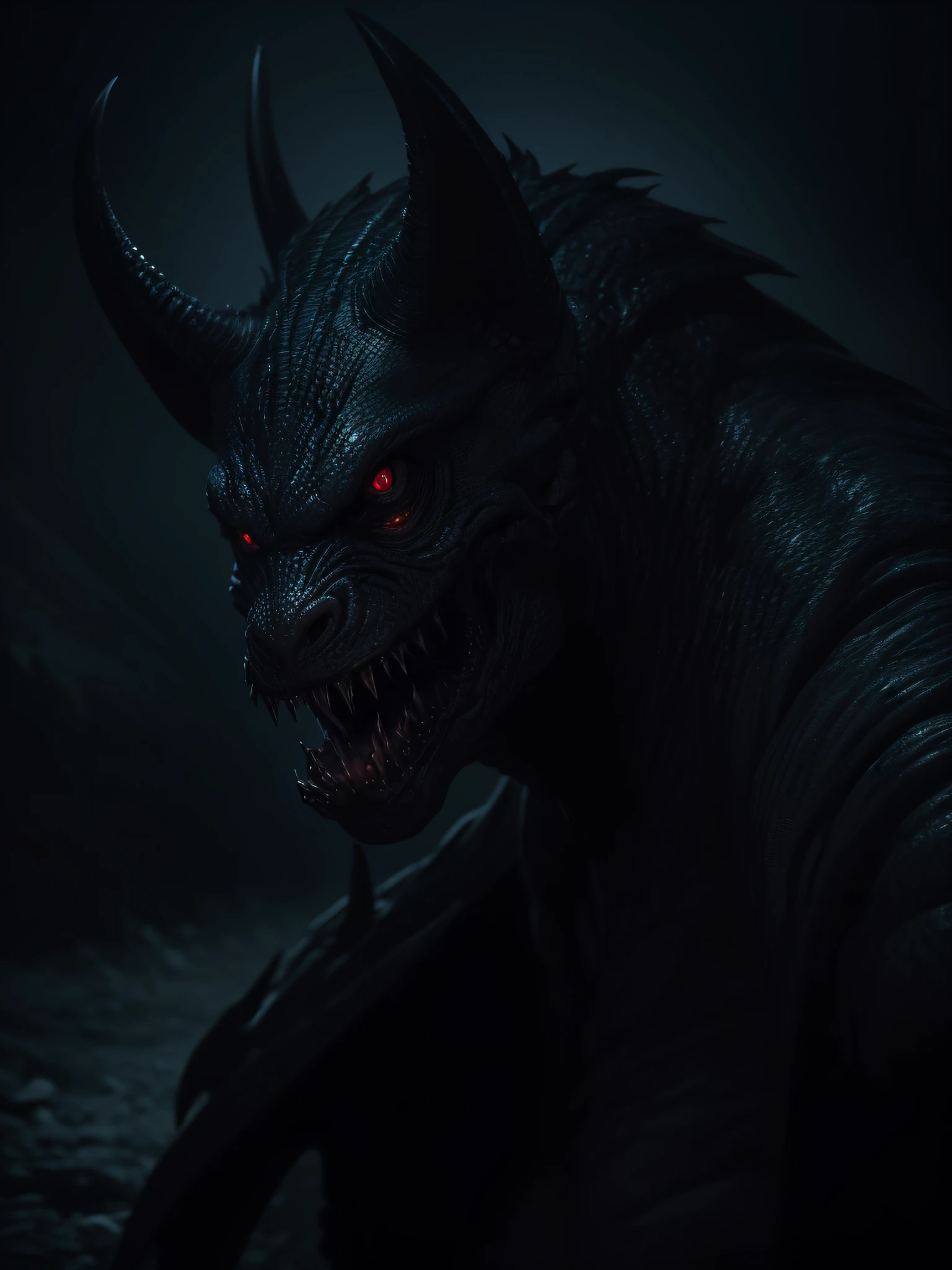 highres,photorealistic,a terrifying monster from an 80's creature feature,detailed eyes and mouth,scaly skin,fierce expression,sharp teeth,long claws,dark and eerie lighting,dynamic and menacing pose,vivid colors,horror,nighttime landscape,glowing eyes,ominous atmosphere