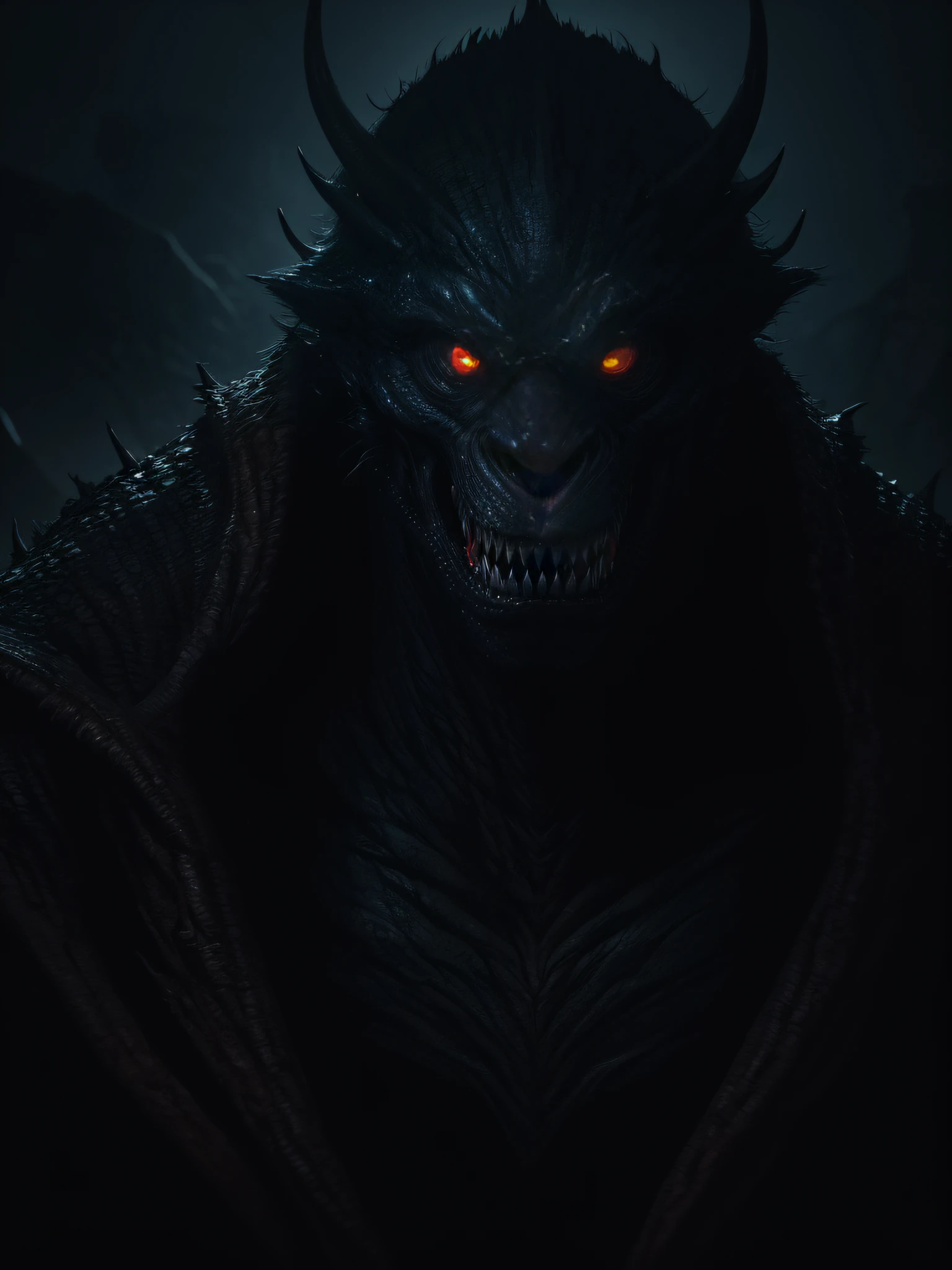 highres,photorealistic,a terrifying monster from an 80's creature feature,detailed eyes and mouth,scaly skin,fierce expression,sharp teeth,long claws,dark and eerie lighting,dynamic and menacing pose,vivid colors,horror,nighttime landscape,glowing eyes,ominous atmosphere