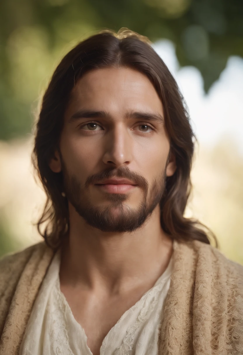 jesus cristo, clima diurno, crochet clothes, olhar fixo, foto profissional, cinematografic , Glorified Jesus, blinding light, incandescent light emanating from his face, ultra realistic photo in 4k