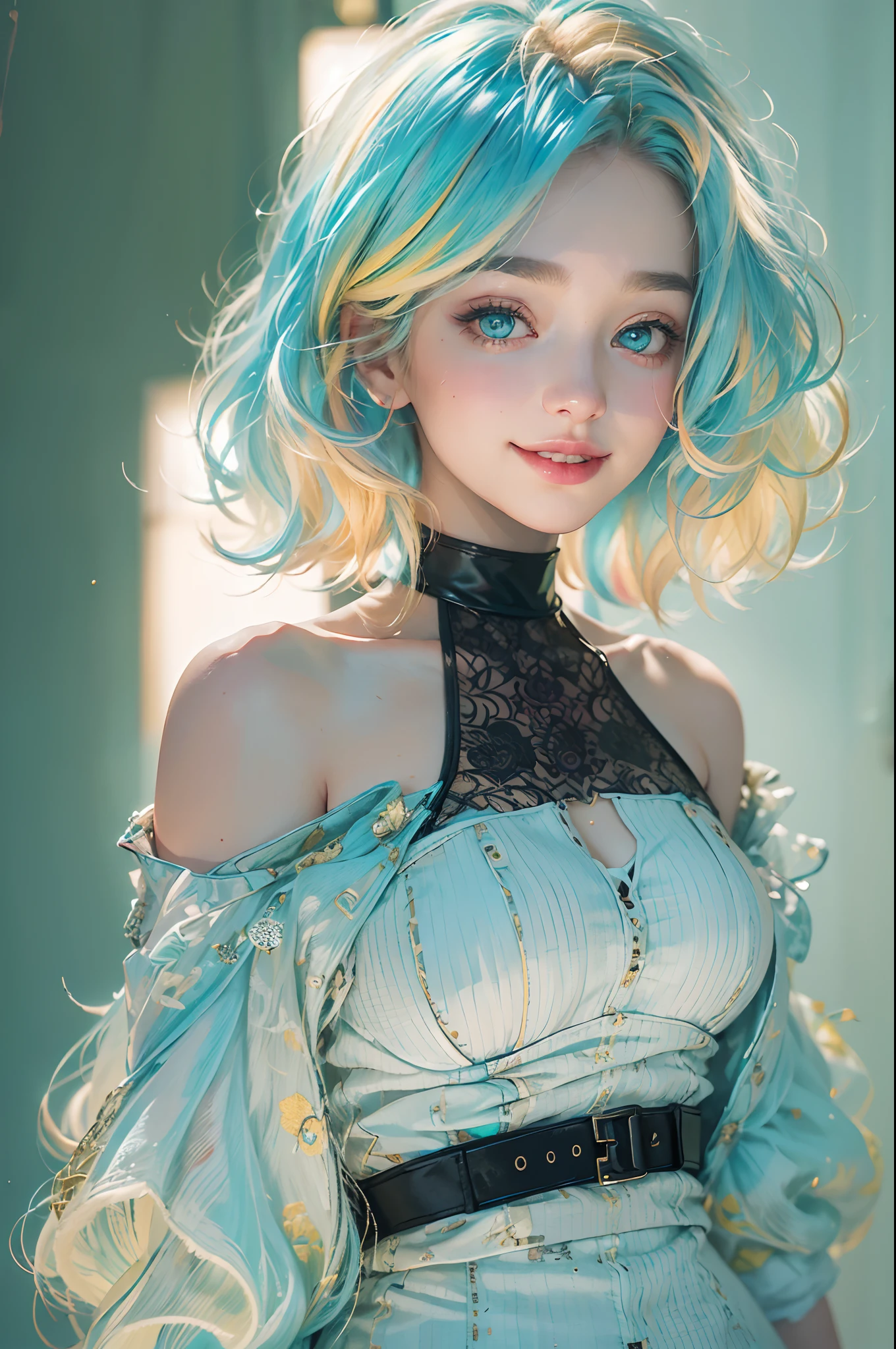 (Instantphoto:1.3), Soft focus, neonlight, 1girll, Solo, fake smile, Portrait, From the side Side, Blue hair, Blonde hair, multicolored hair, Short hair, (Acclaimed, Alluring, attractive cleavage, Exciting, Gorgeous, astounding:1.3), (Ultra-high RES, High details, absurderes:1.3)