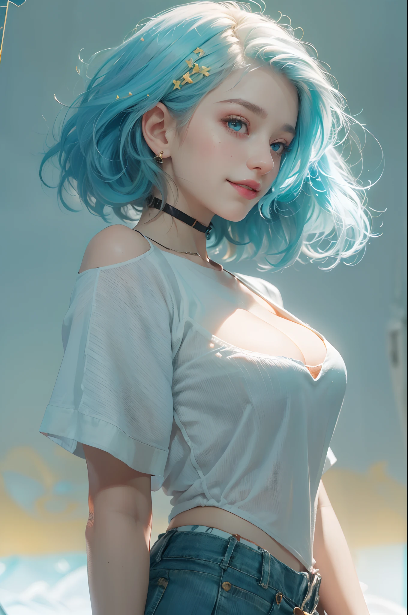 (Instantphoto:1.3), Soft focus, neonlight, 1girll, Solo, fake smile, Portrait, From the side Side, Blue hair, Blonde hair, multicolored hair, Short hair, (Acclaimed, Alluring, attractive cleavage, Exciting, Gorgeous, astounding:1.3), (Ultra-high RES, High details, absurderes:1.3)