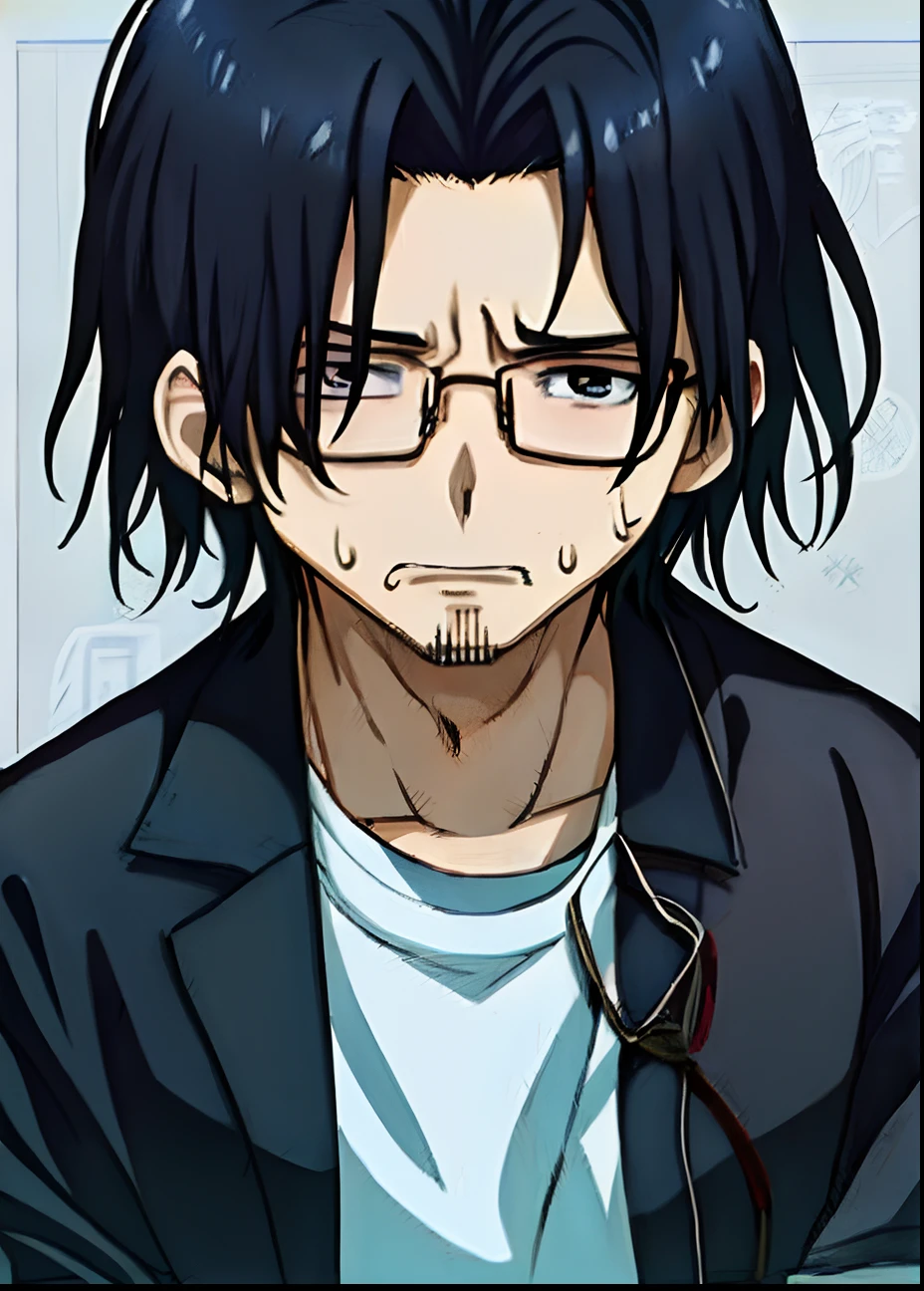 (masterpiece, best quality:1.1), pxint, 1boy, male focus, serious face, looking at viewer, liam, pale and ivory, black hair, short, red shirt, grey eyes, glasses, detailed eyes, portrait, flowing, with a splash of paint, (abstract:0.8)