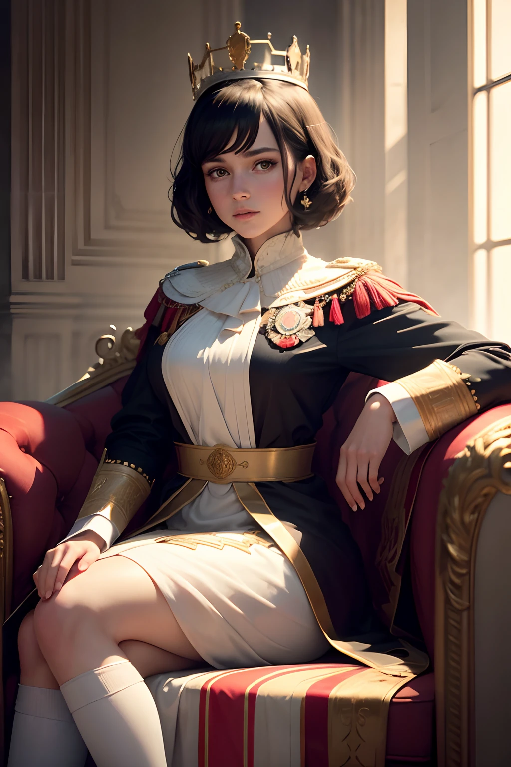 Masterpice, high quality, 8k quality, 1 lady, young Queen Elizabeth 2, Queen of United Kingdom, wearing royal uniform with her crown sitting on royal throne, cloth cover all her body included her leg, beautiful face, short black hair, the best photo for the queen of United Kingdom, the best look for Queen in her young age (30 years), Beckenham Place as background and United Kingdom flag