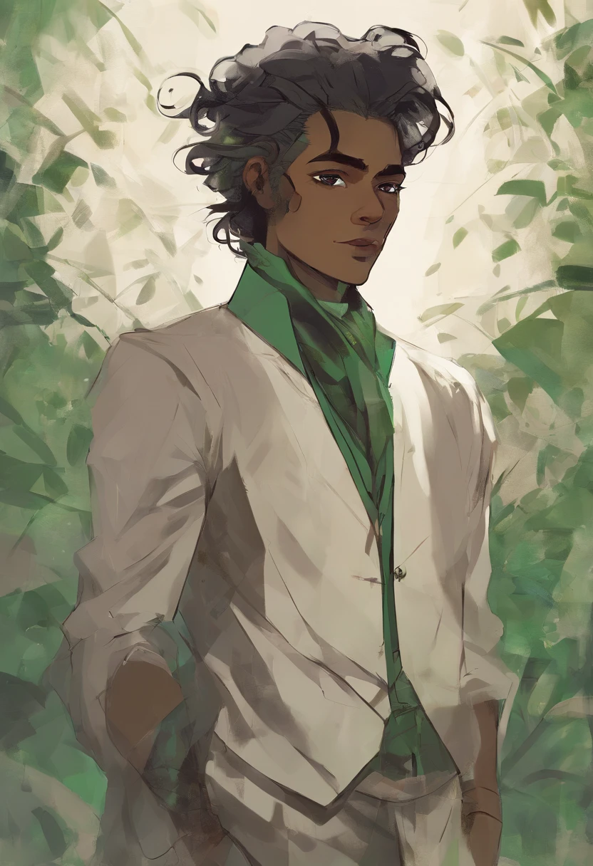 A painting of an androgynous man. He has an angular face, NO FACIAL HAIR, and green eyes. He has sharp eyebrows. His hair is long, straight, and black. He has tan skin.