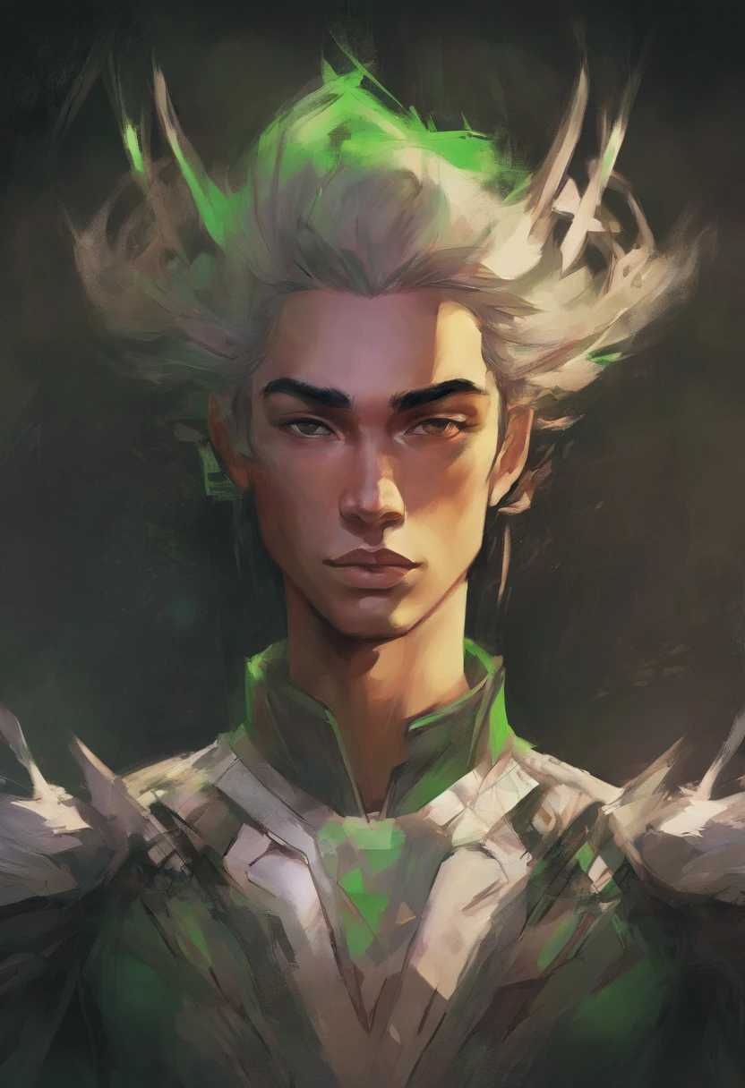 A painting of an androgynous man. He has an angular face, NO FACIAL HAIR, and green eyes. He has sharp eyebrows. His hair is long, straight, and black. He has tan skin.
